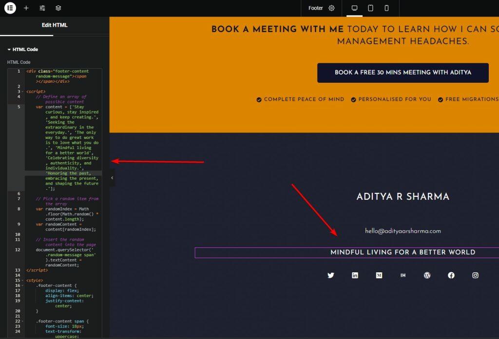 Add HTML Code in Elementor Backed to Change Content on Refresh