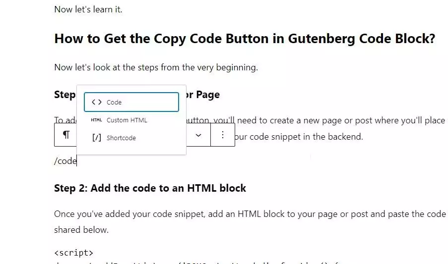 Adding Code Block in WordPress