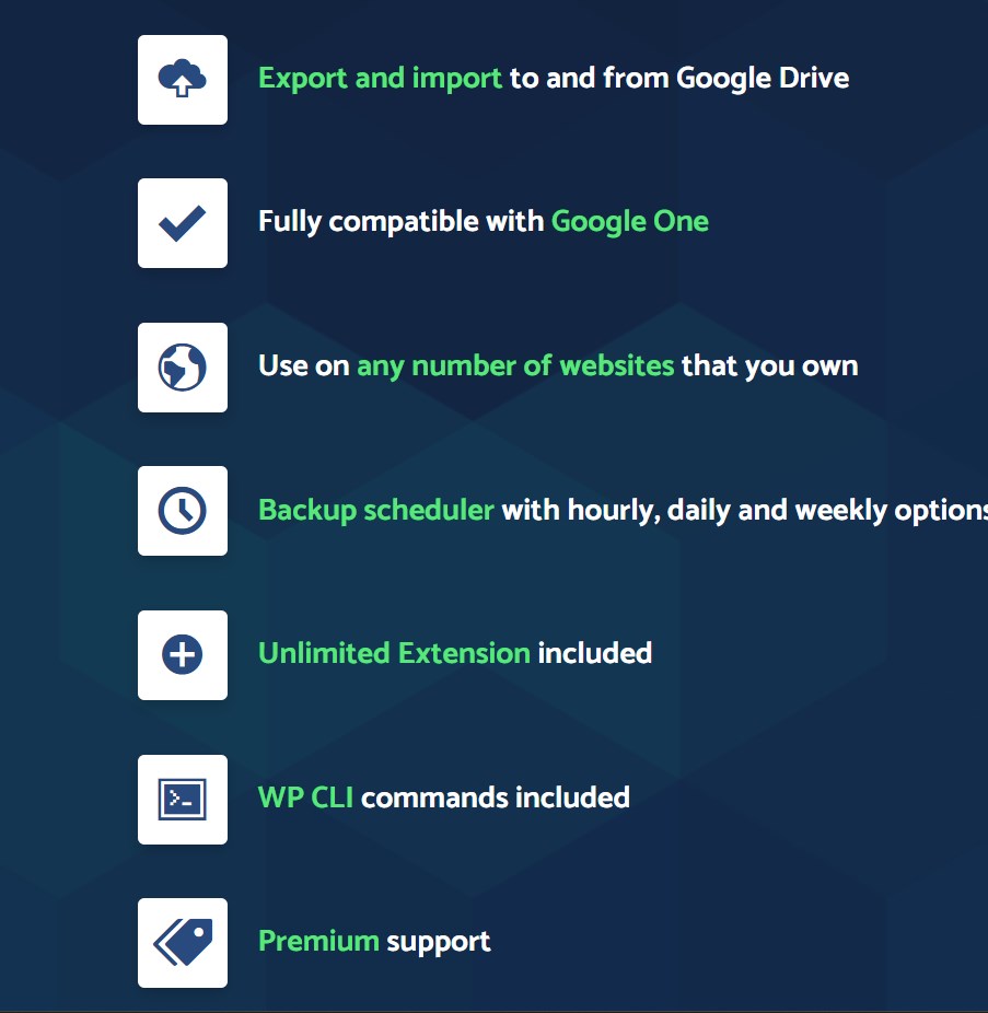 List of Features of Google Drive Backup from Servmask
