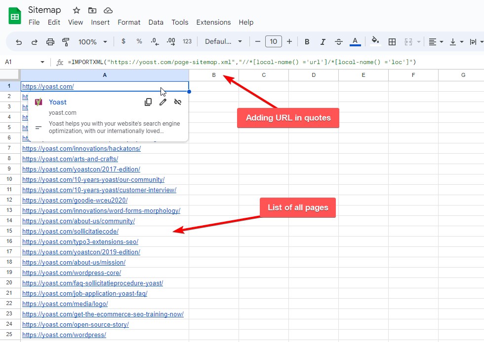 List of all Extracted URL in sheets from Sitemap