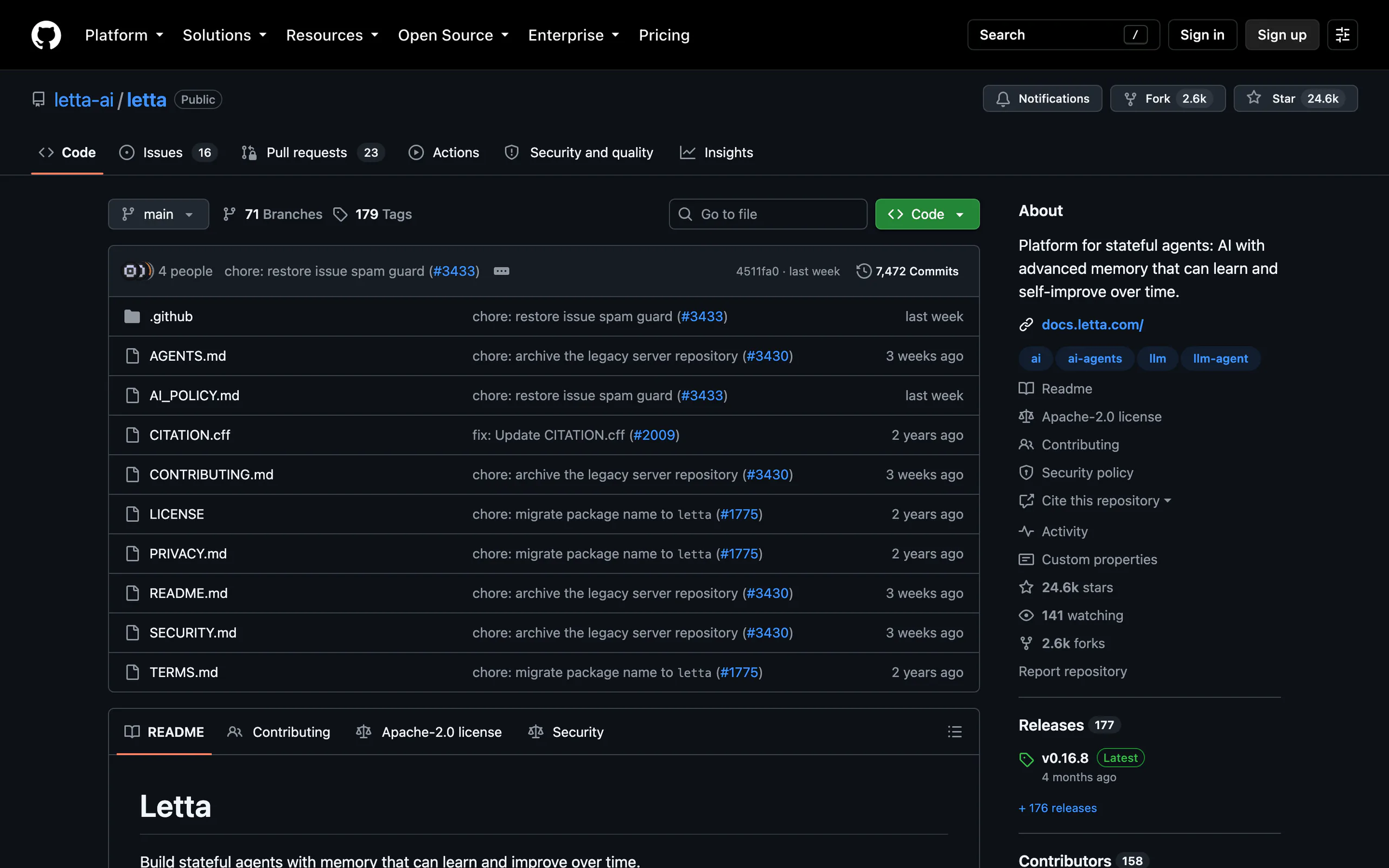letta-ai/letta repository page on GitHub showing 24.6k stars and release v0.16.8