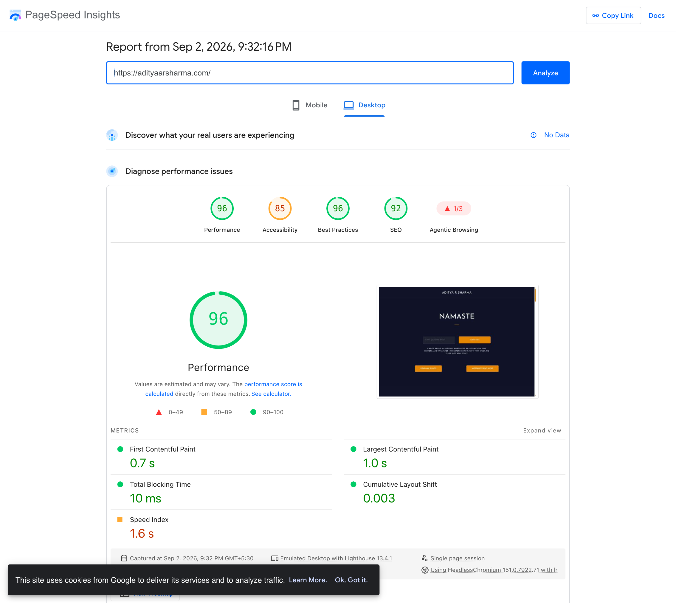 PageSpeed Insights desktop report for adityaarsharma.com showing performance 96, LCP 1.0 seconds, CLS 0.003, and No Data for field results.