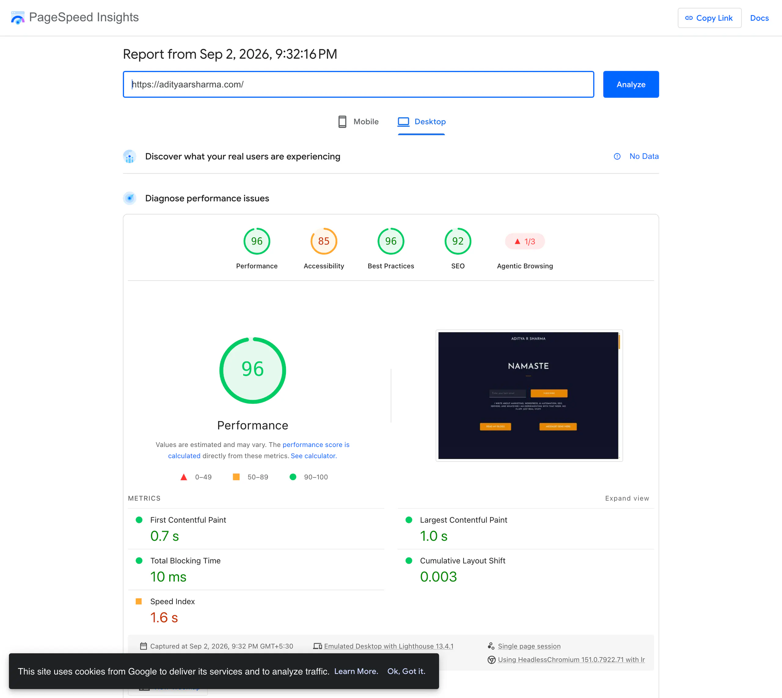 PageSpeed Insights desktop report for adityaarsharma.com showing performance 96, LCP 1.0 seconds, CLS 0.003, and No Data for field results.