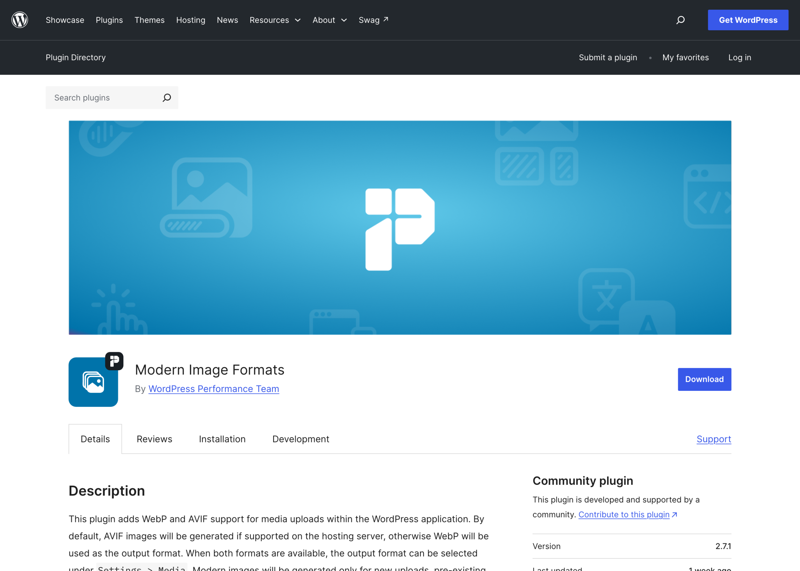 The Modern Image Formats plugin listing on WordPress.org, slug webp-uploads.