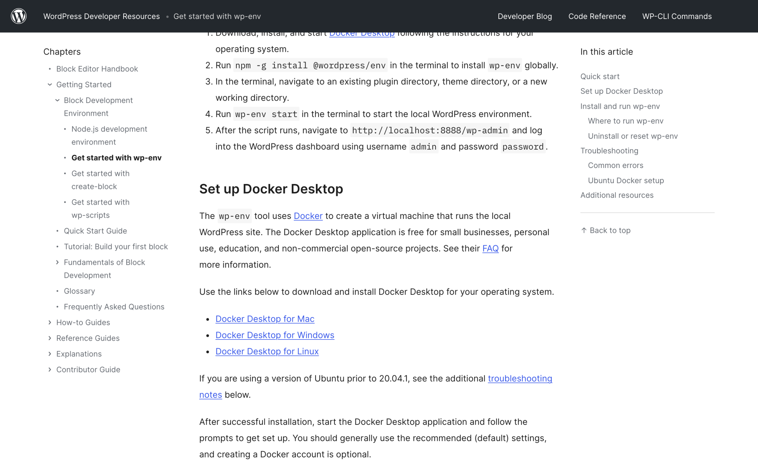 The Get started with wp-env page showing the five step quick start and the Docker Desktop requirement