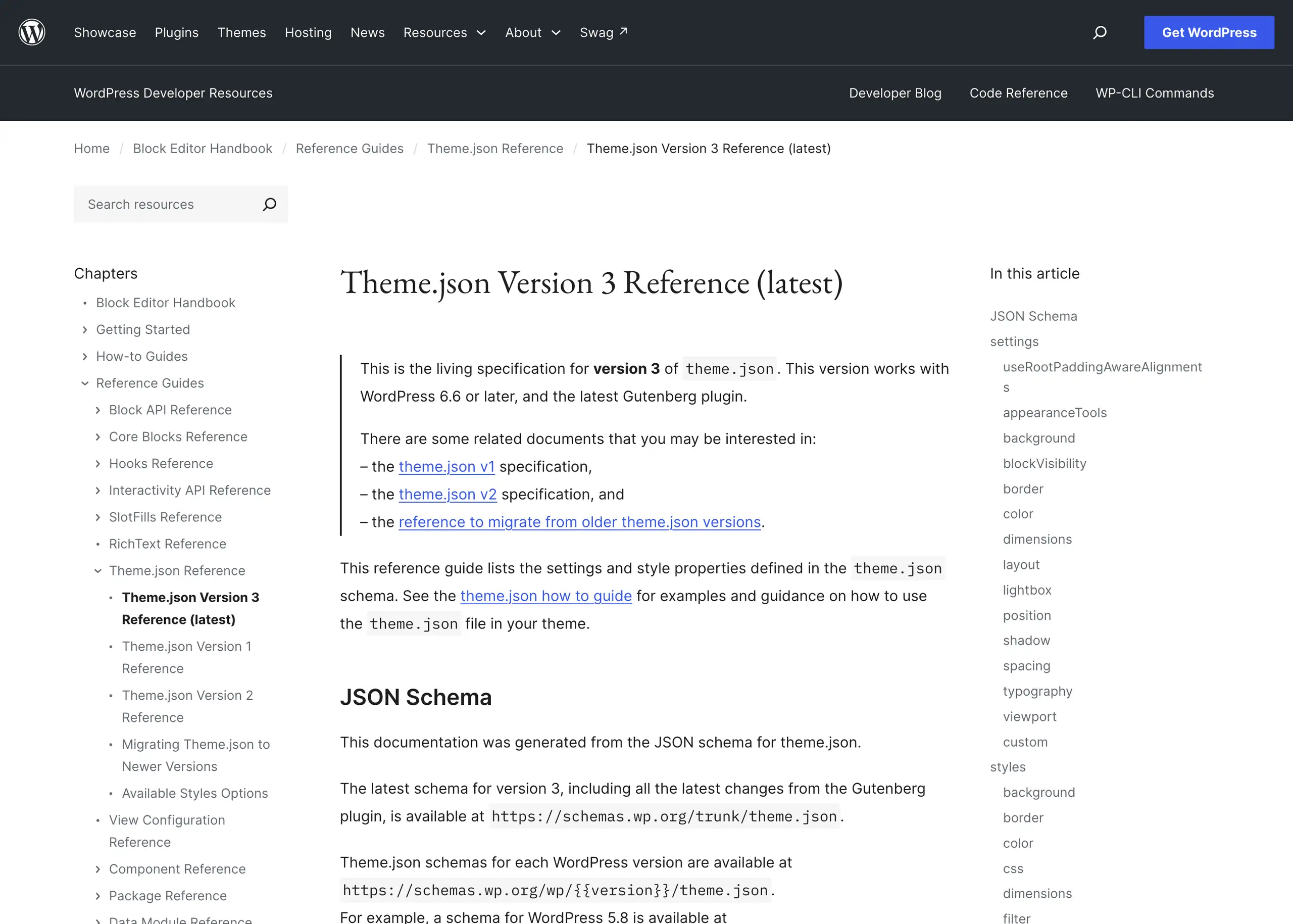 The theme.json Version 3 Reference page in the WordPress block editor handbook, showing the settings and styles trees.