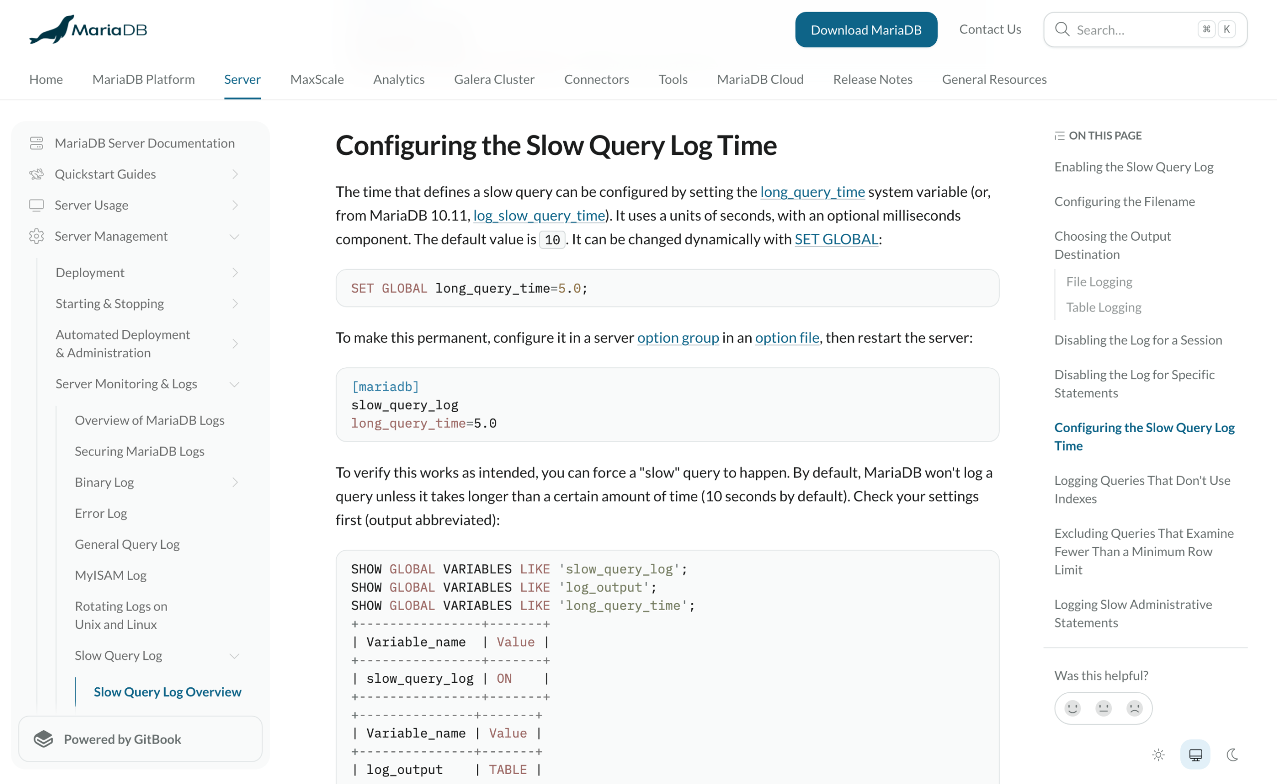 MariaDB documentation on configuring the slow query log time showing long_query_time with a default of 10 seconds