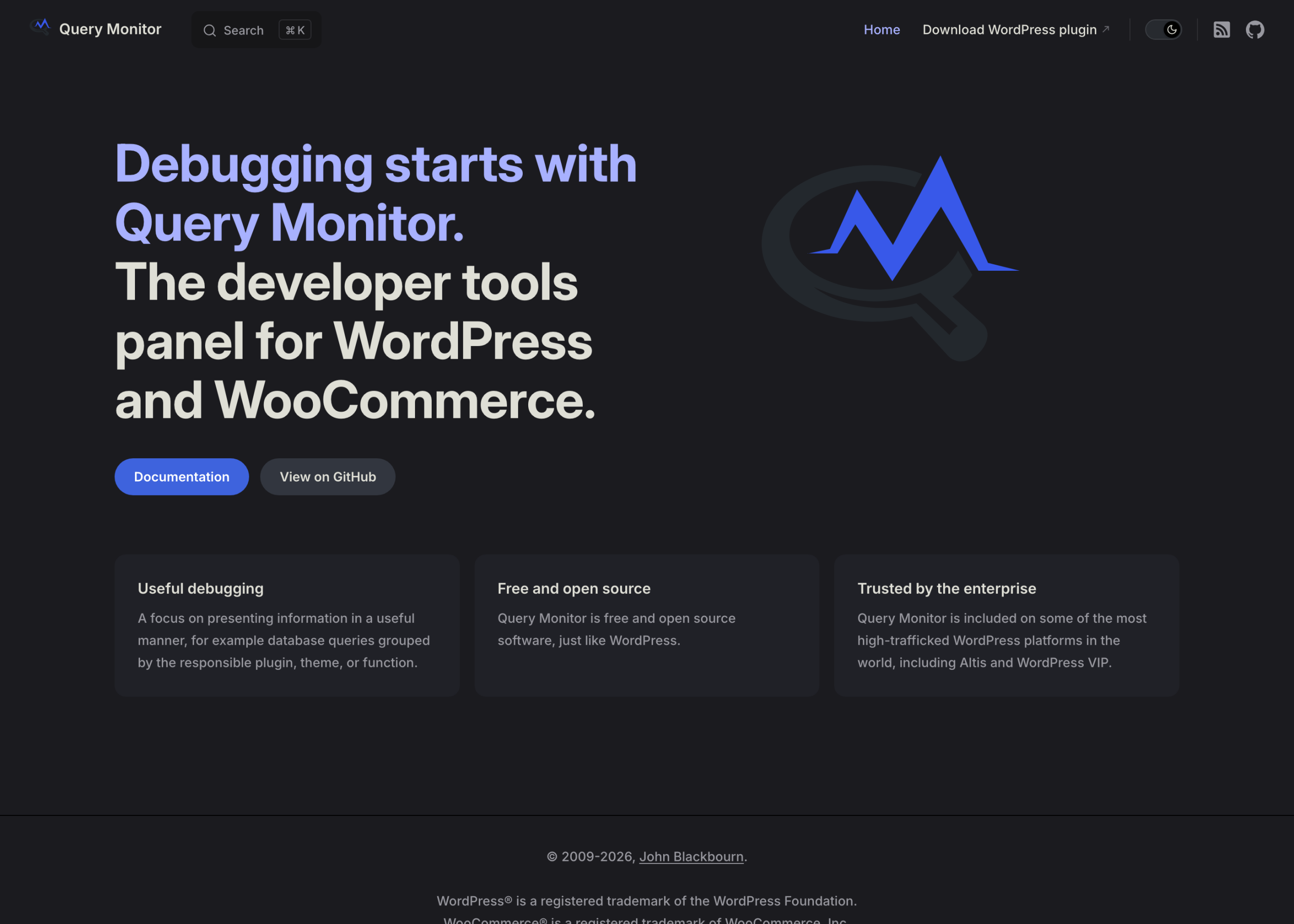 The querymonitor.com documentation site, the plugin's own reference for panels and constants.