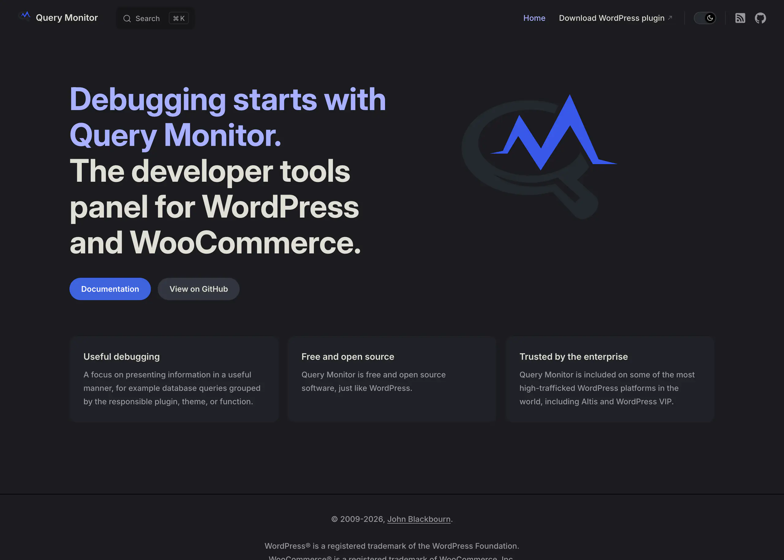 The querymonitor.com documentation site, the plugin's own reference for panels and constants.