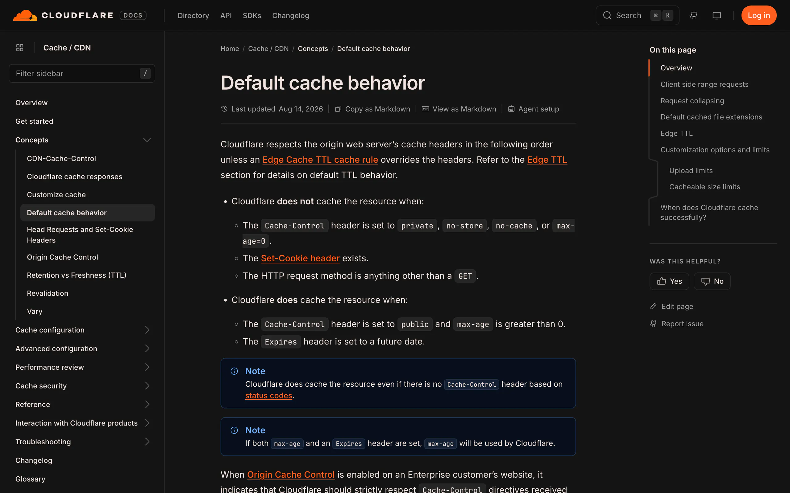 Cloudflare docs page: Default cache behavior