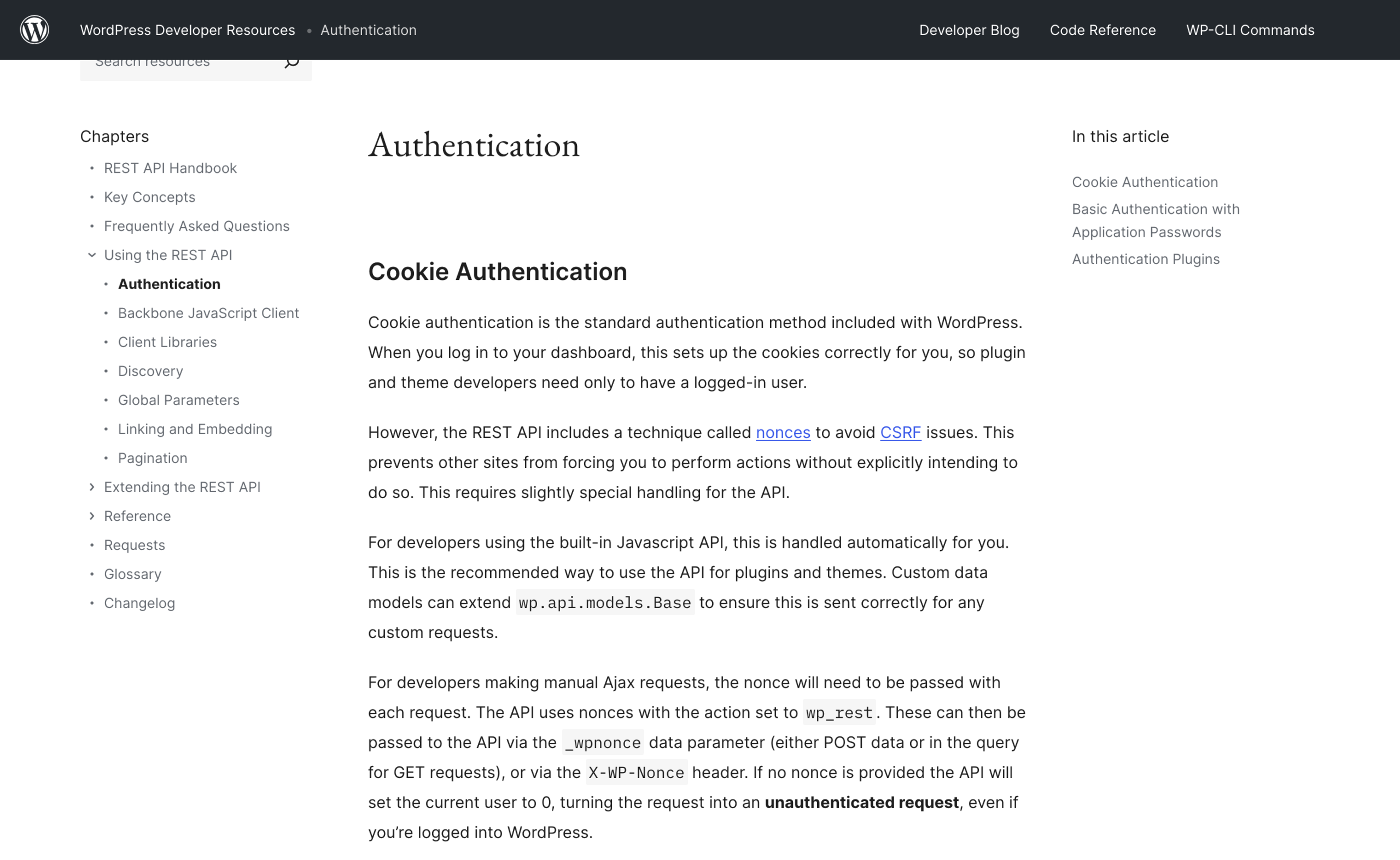 The REST API Authentication page listing cookie authentication, basic authentication with application passwords, and authentication plugins