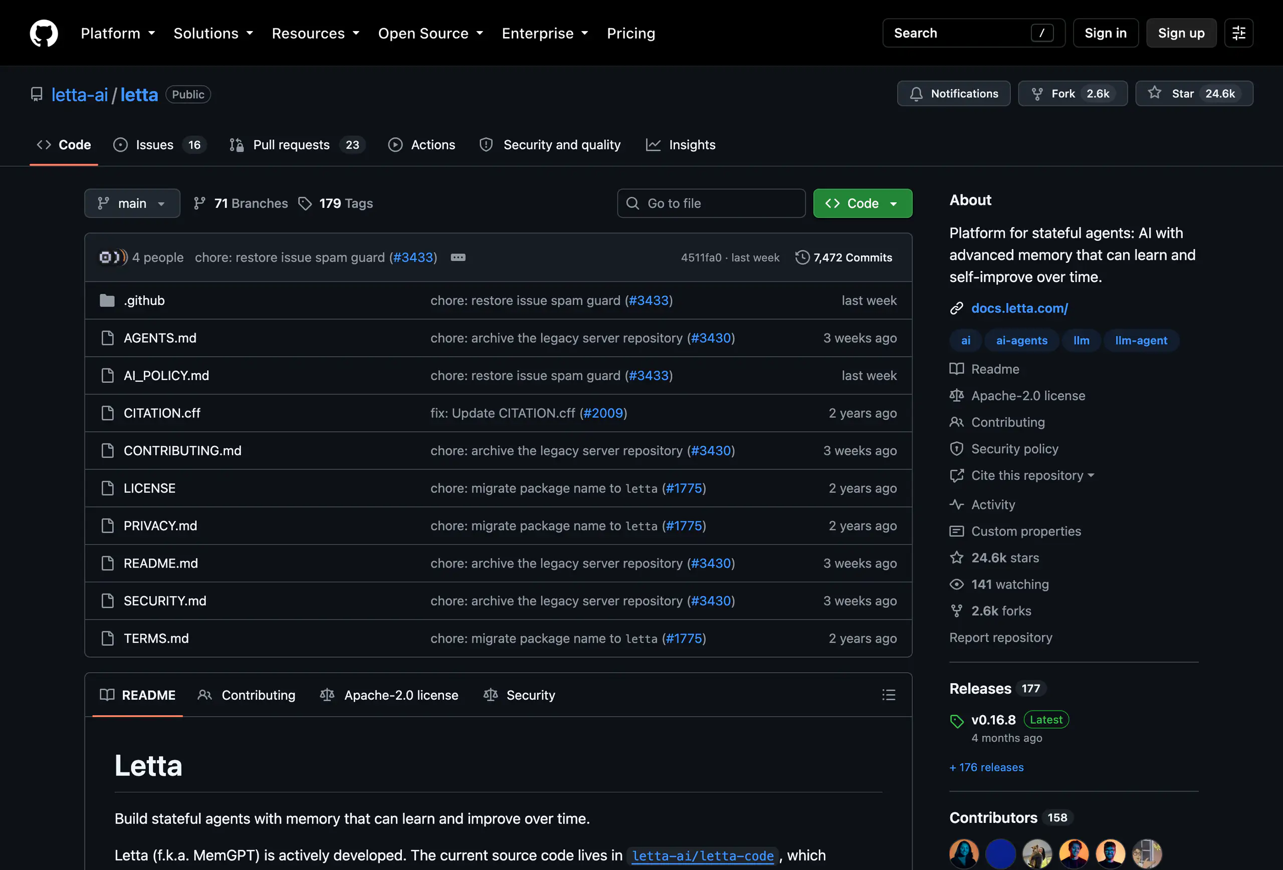 The GitHub repository page for letta-ai/letta, the repository whose README says it now serves as a landing page.