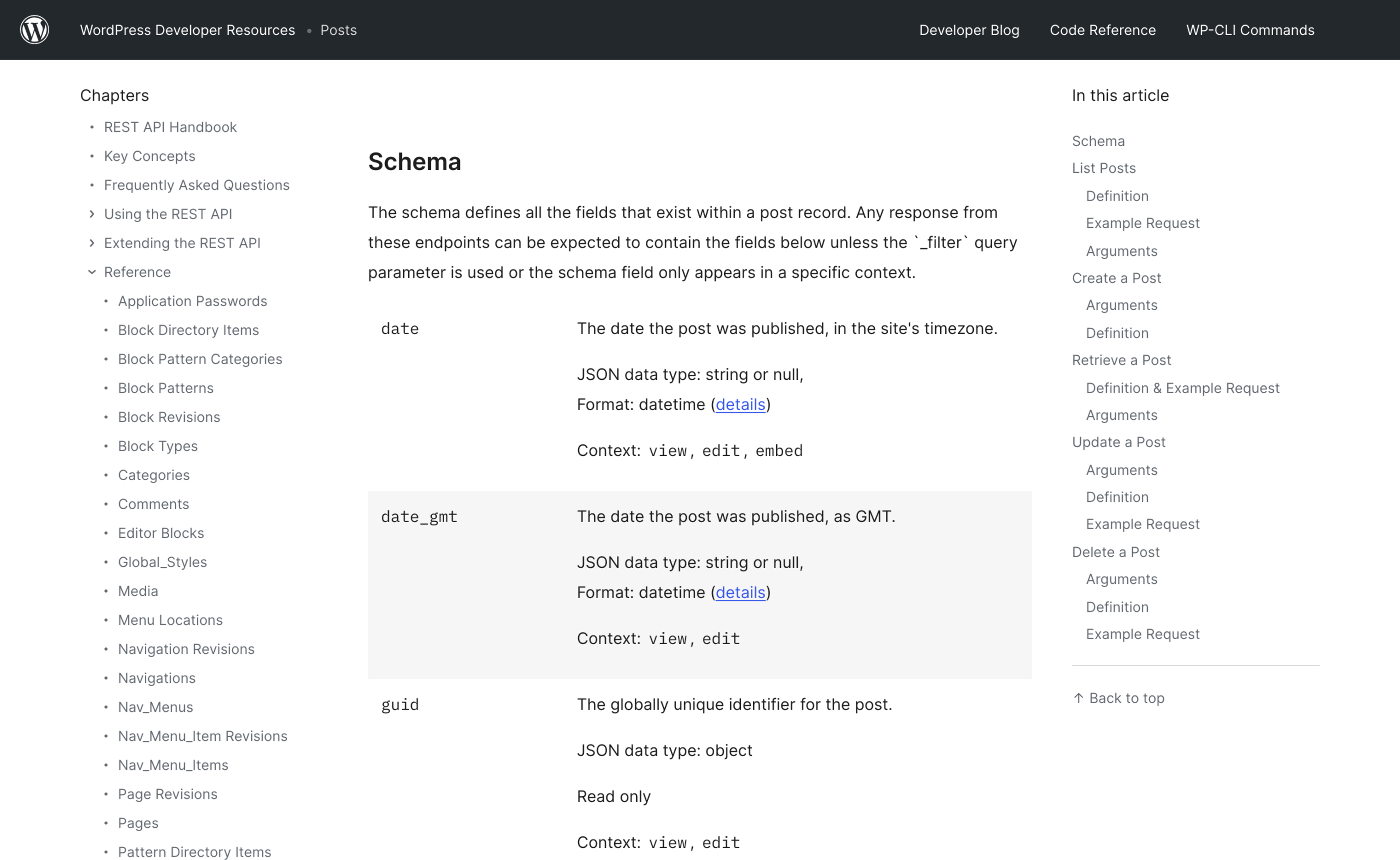 The WordPress REST API Posts reference showing the date and date_gmt fields and their contexts