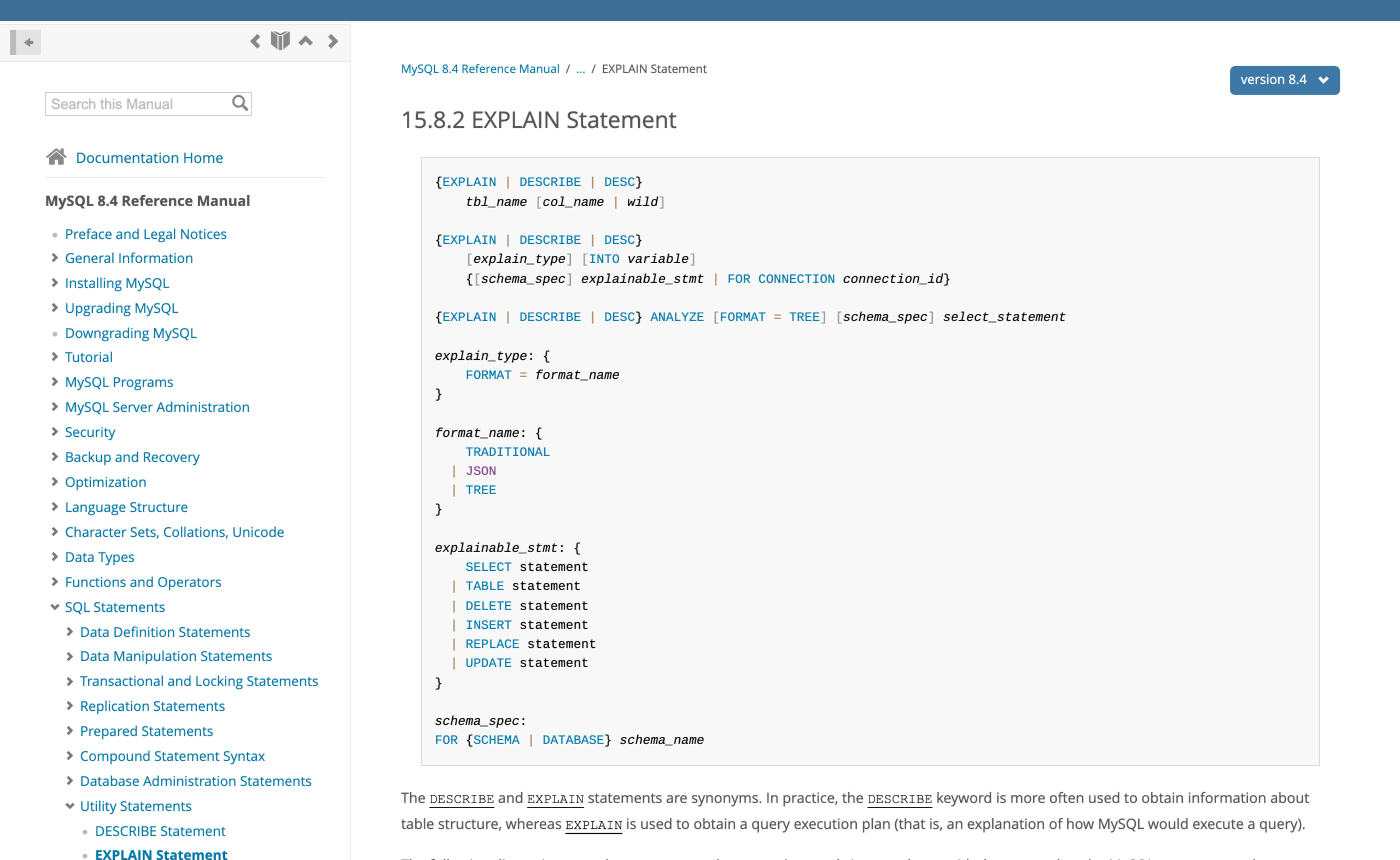 MySQL 8.4 reference manual page for the EXPLAIN statement showing its syntax and formats