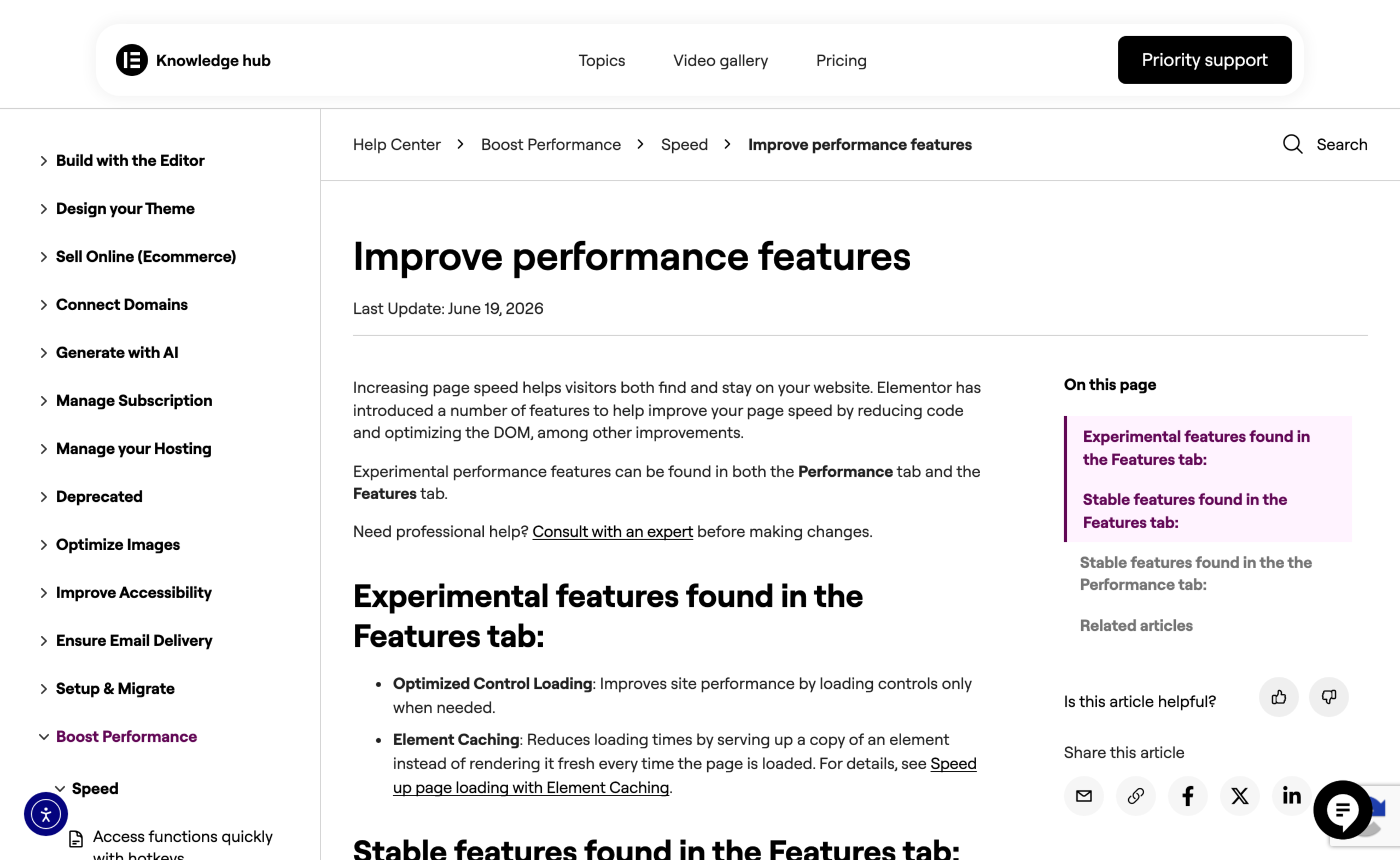 Elementor help page listing experimental and stable performance features including Optimized Control Loading and Element Caching