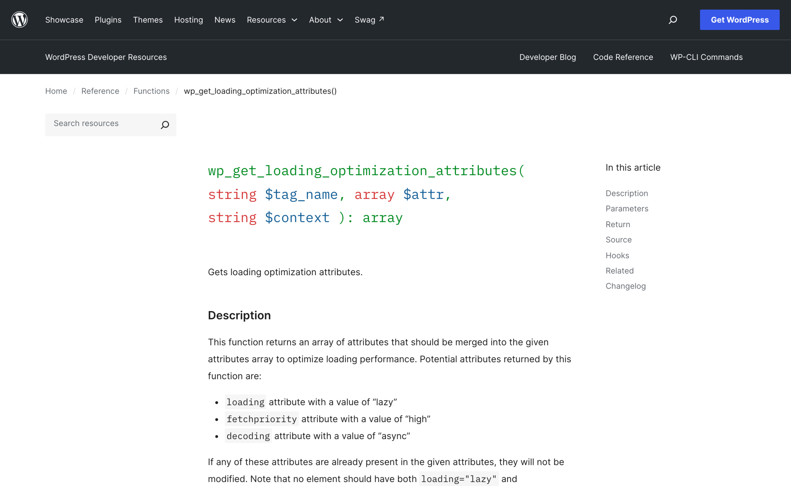 WordPress reference page for wp_get_loading_optimization_attributes listing the loading, fetchpriority and decoding attributes it returns