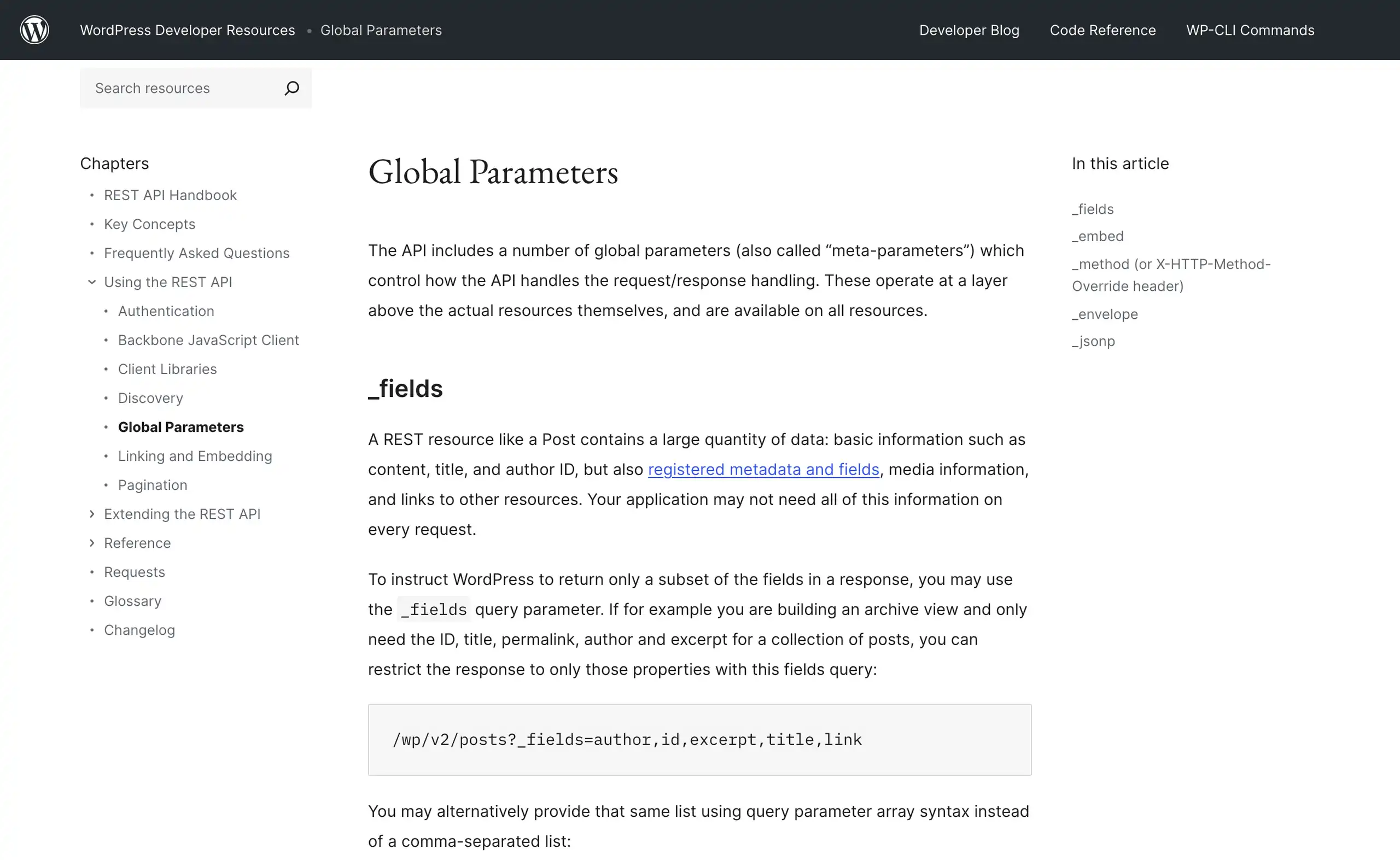 WordPress REST API global parameters page describing the _fields query parameter