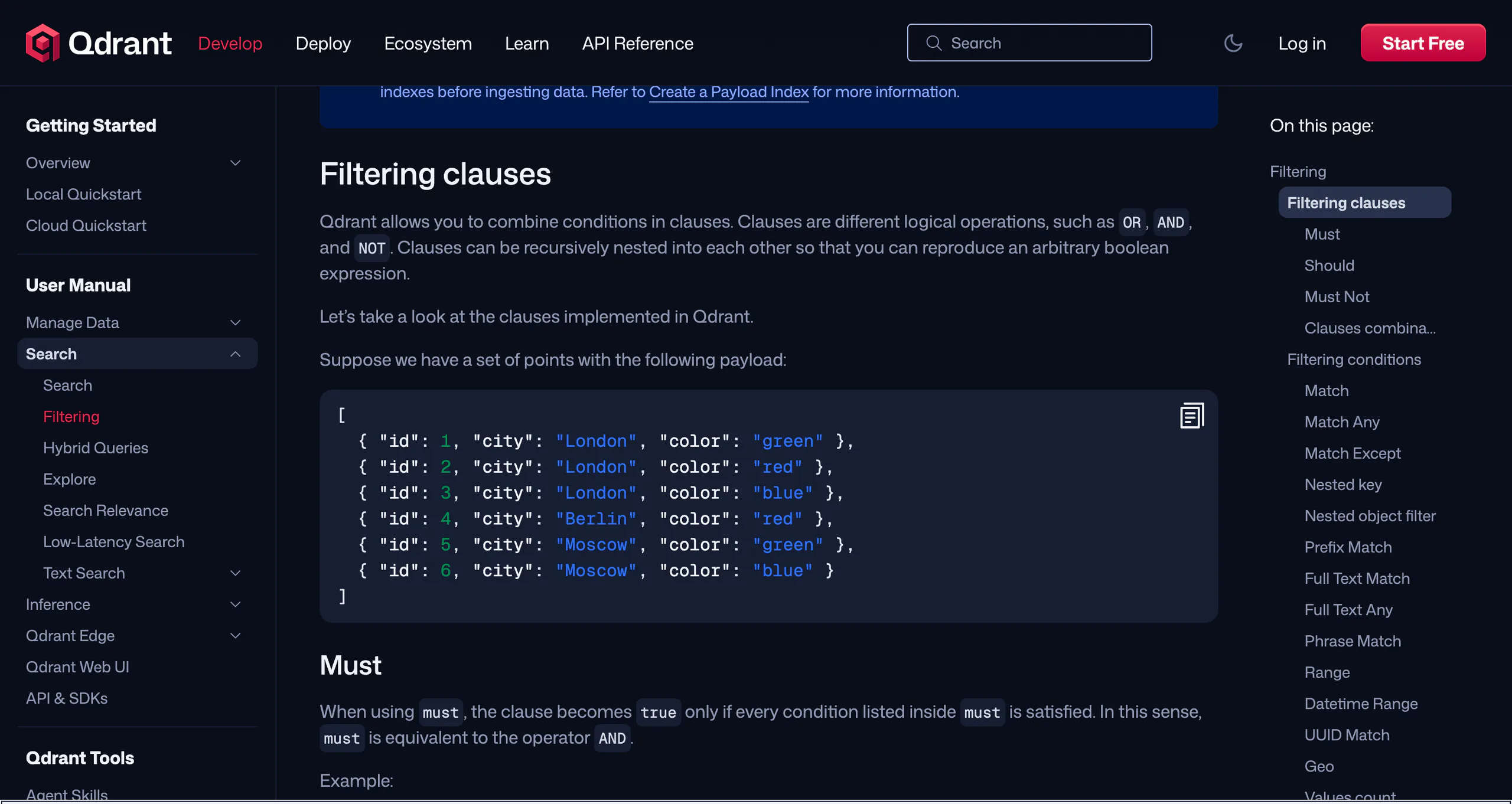 Qdrant filtering documentation showing must, should and must_not clauses