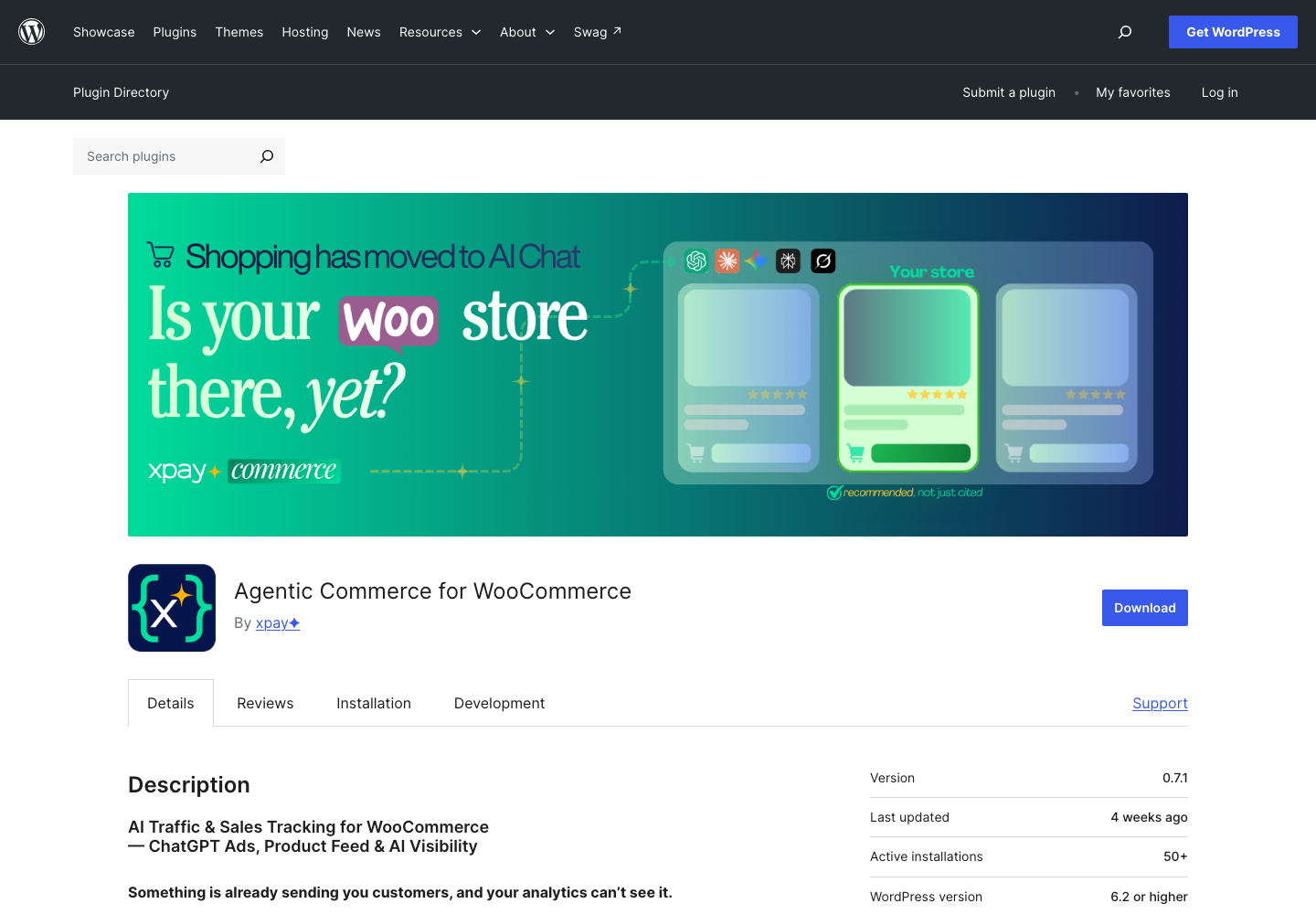 Agentic Commerce for WooCommerce on wordpress.org showing 50+ active installations.
