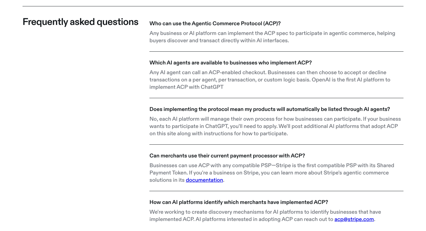 The Agentic Commerce Protocol FAQ stating that discovery mechanisms are still being created.