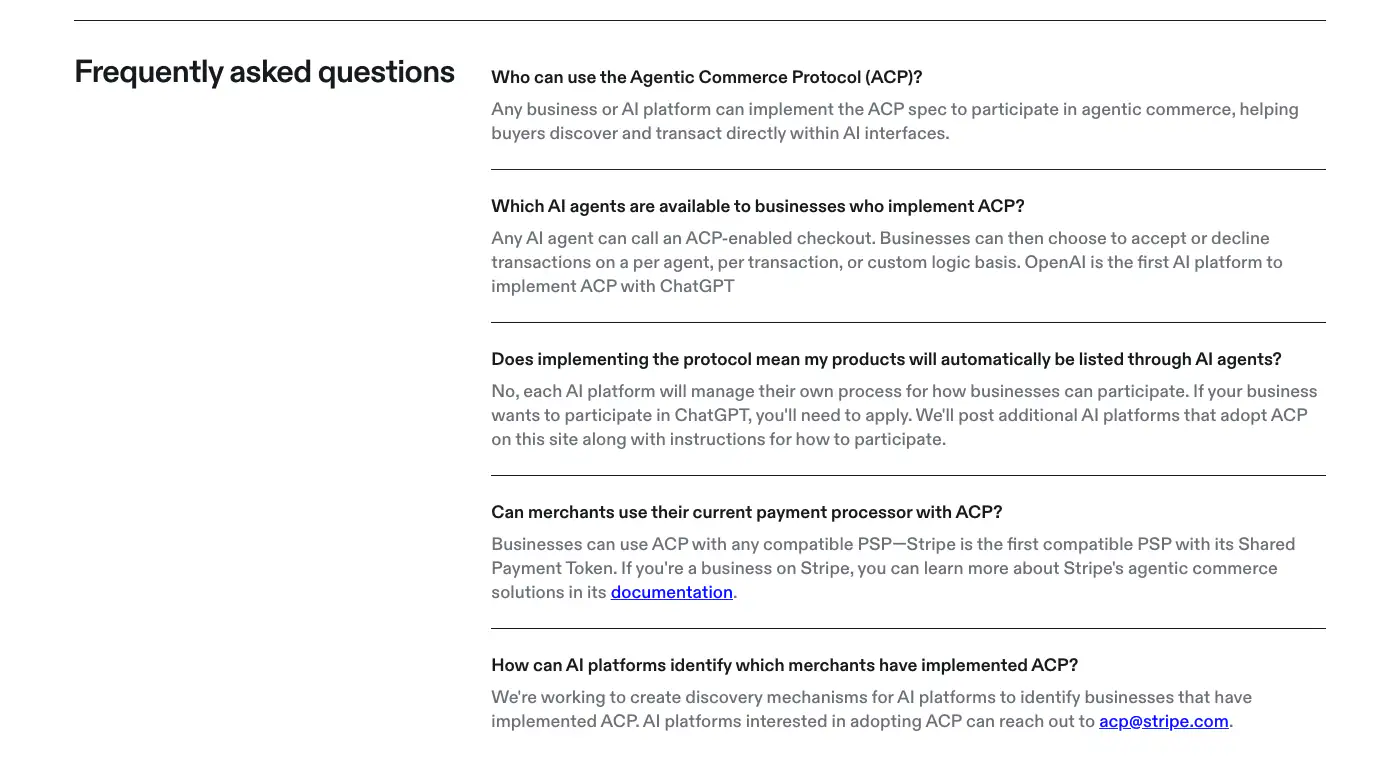 The Agentic Commerce Protocol FAQ stating that discovery mechanisms are still being created.