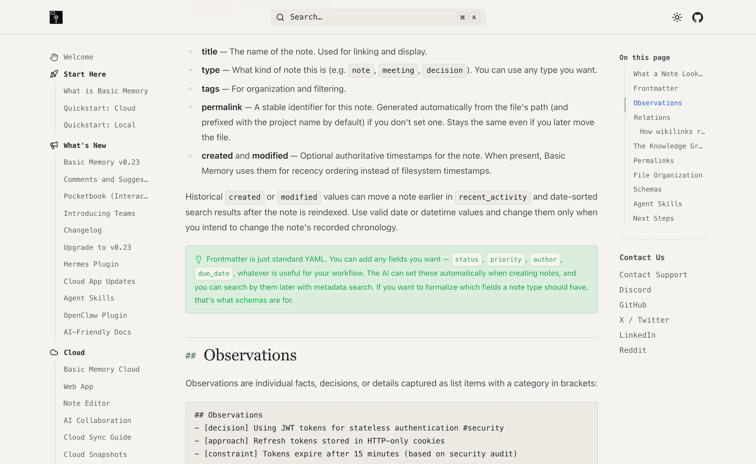 Basic Memory knowledge format docs showing frontmatter tags and bracketed observation categories