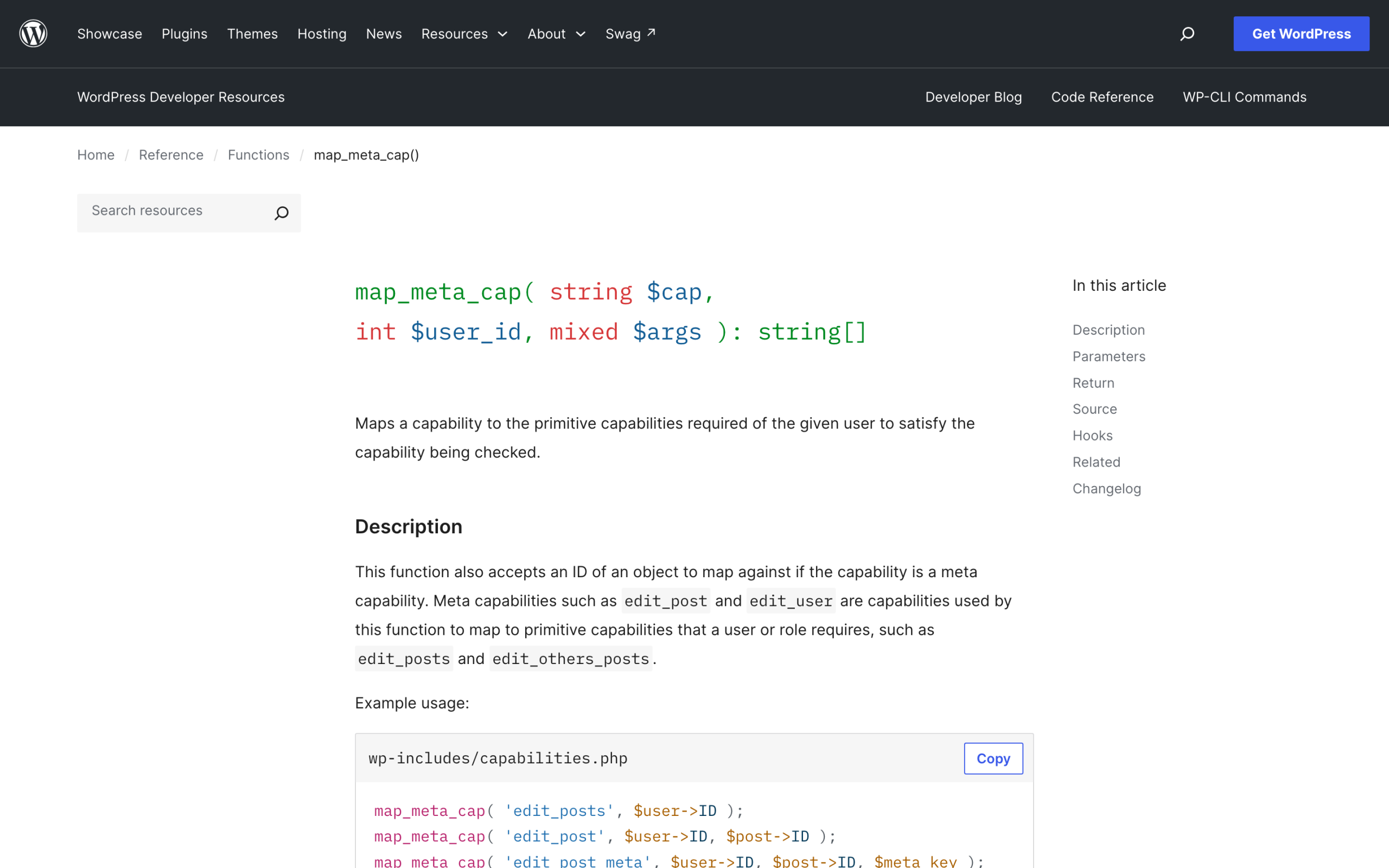 WordPress Developer Resources page for map_meta_cap()