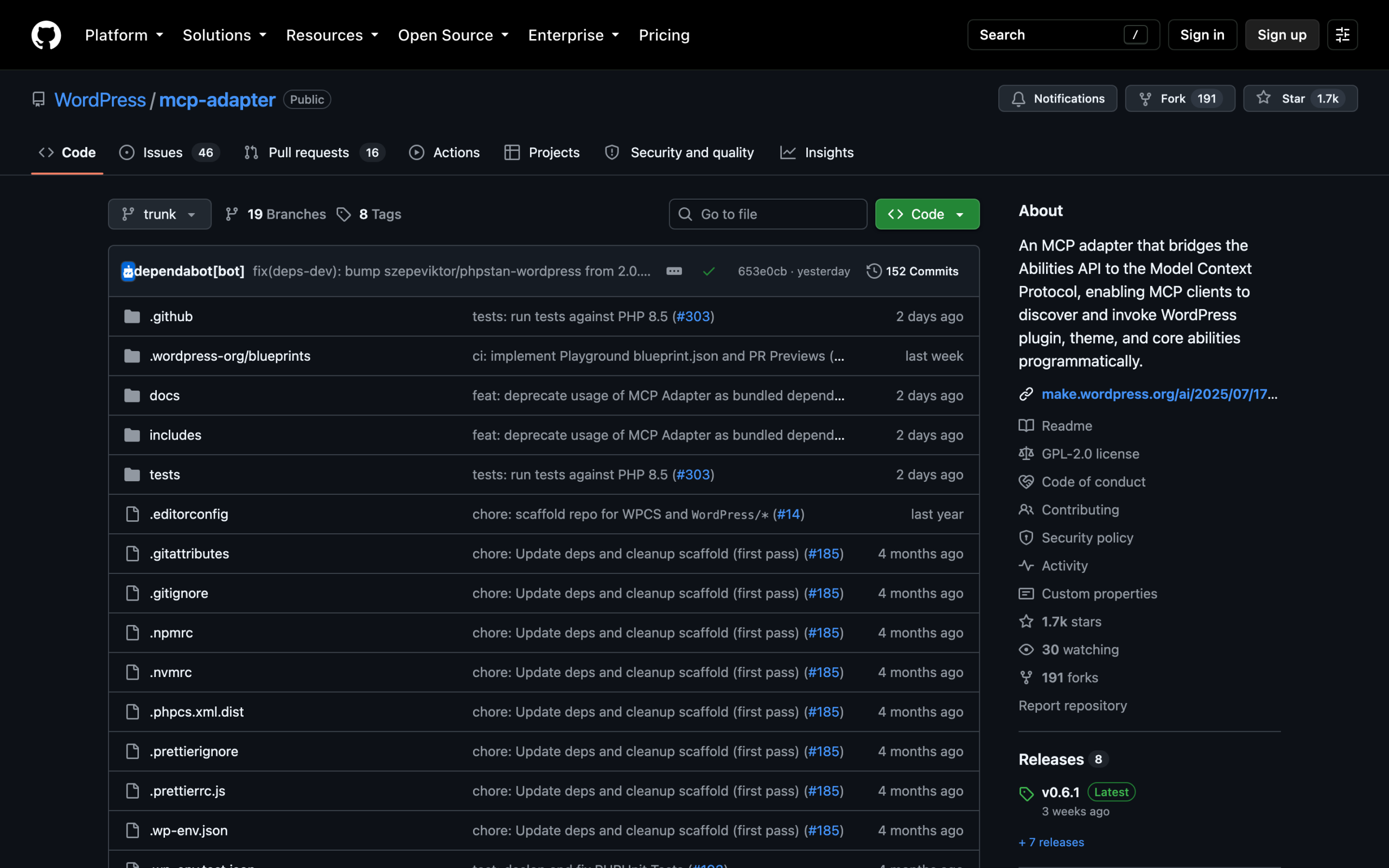 WordPress/mcp-adapter repository page on GitHub