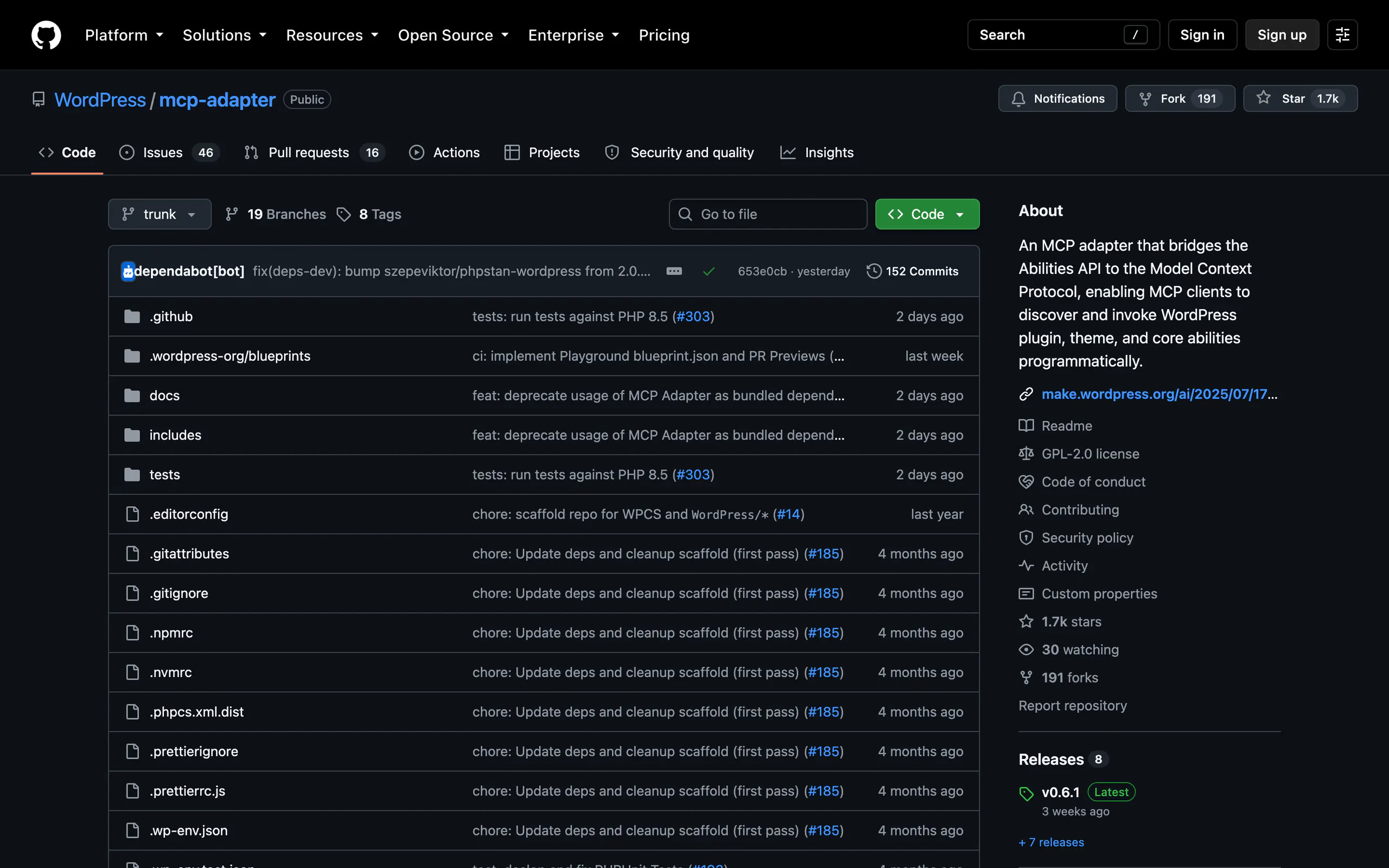 WordPress/mcp-adapter repository page on GitHub