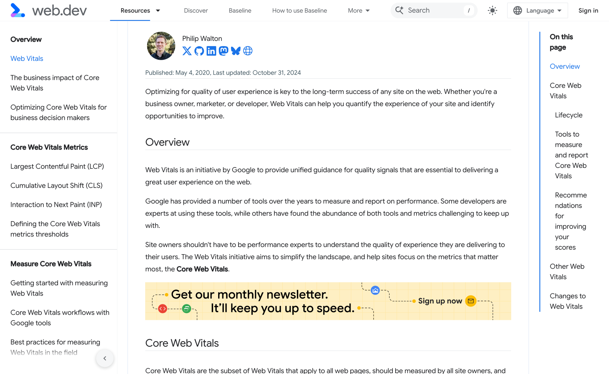 The web.dev Web Vitals article listing the Core Web Vitals metrics