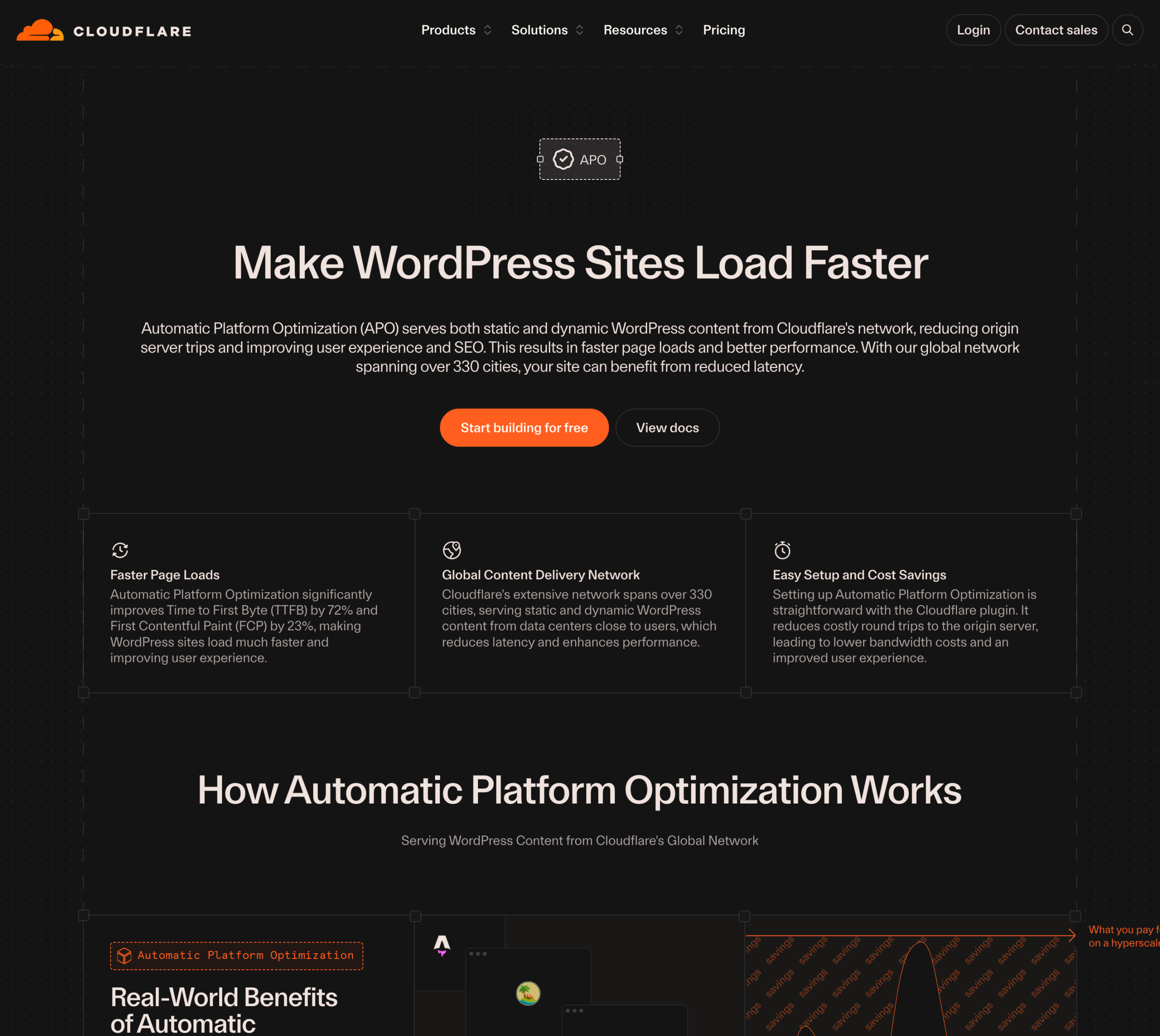 Cloudflare's Automatic Platform Optimization product page stating that APO improves Time to First Byte by 72 percent and First Contentful Paint by 23 percent.