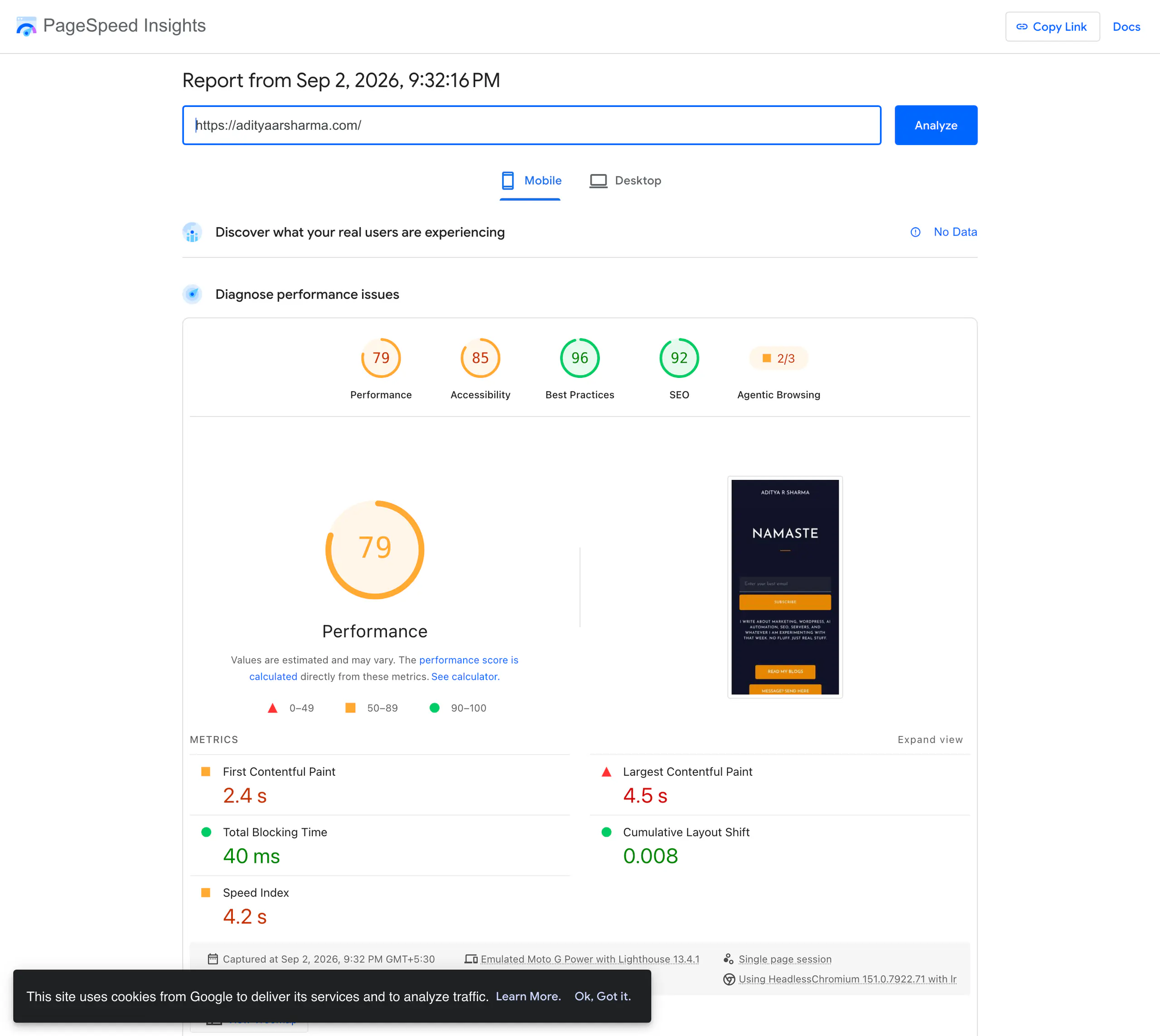 PageSpeed Insights report for adityaarsharma.com on mobile, 2 September 2026, showing performance 79, largest contentful paint 4.5 seconds, and No Data for real user experience.