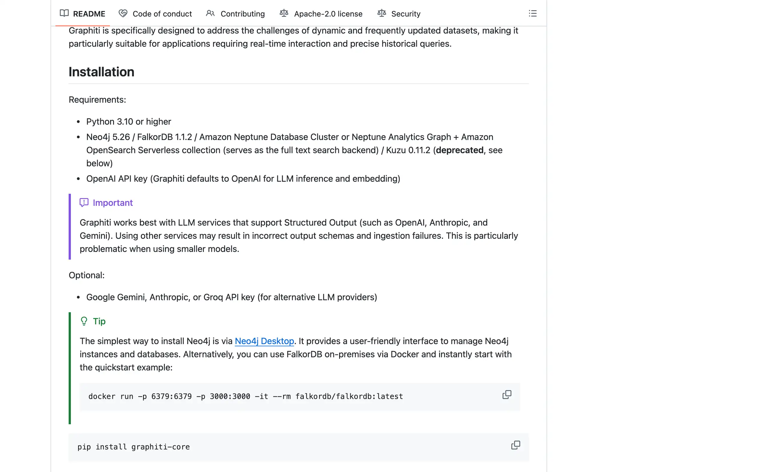 Graphiti README installation requirements listing Python 3.10, Neo4j 5.26, FalkorDB 1.1.2 or Amazon Neptune, and an OpenAI API key