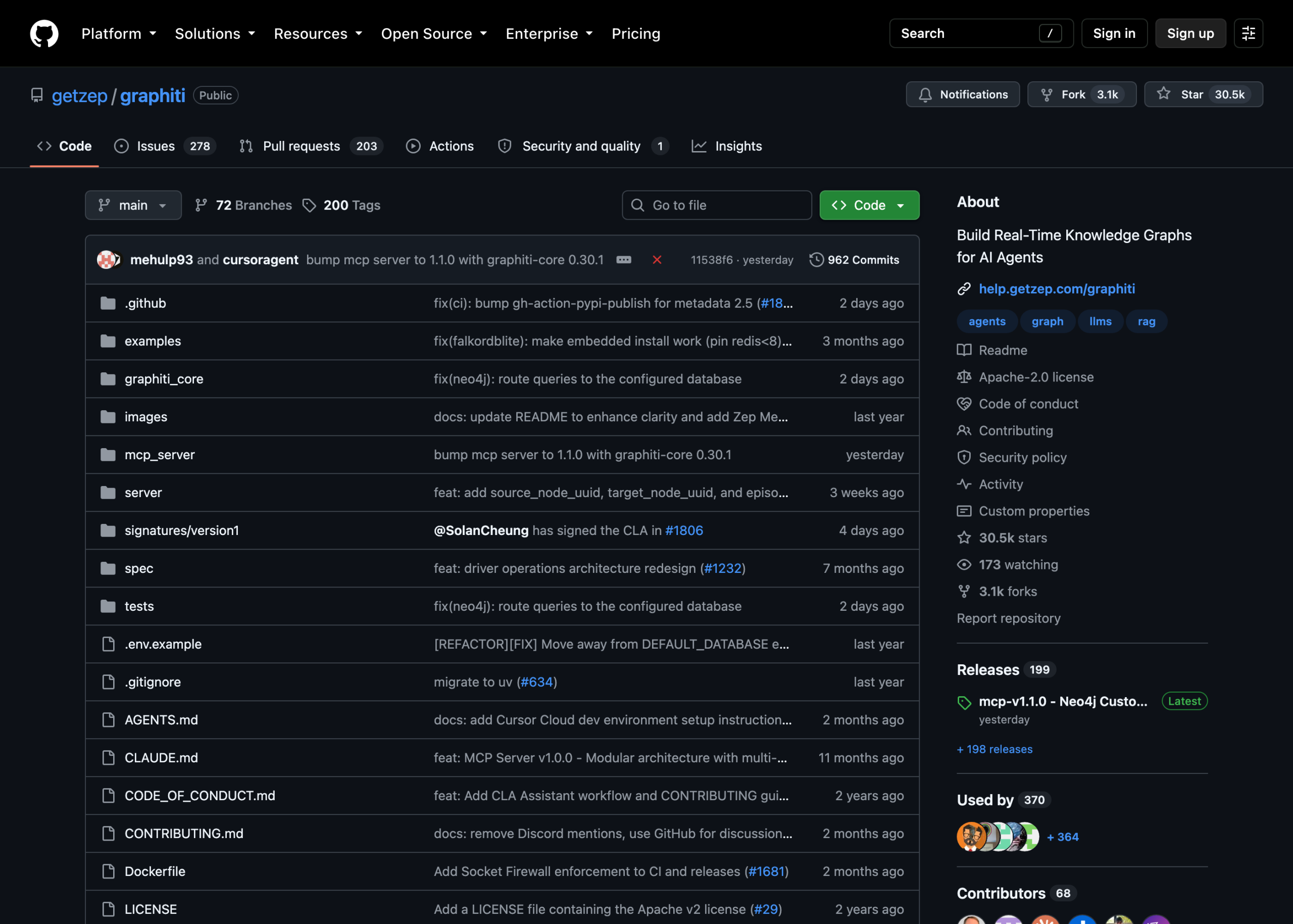 The Graphiti repository on GitHub, which documents a separate graph database as a requirement.