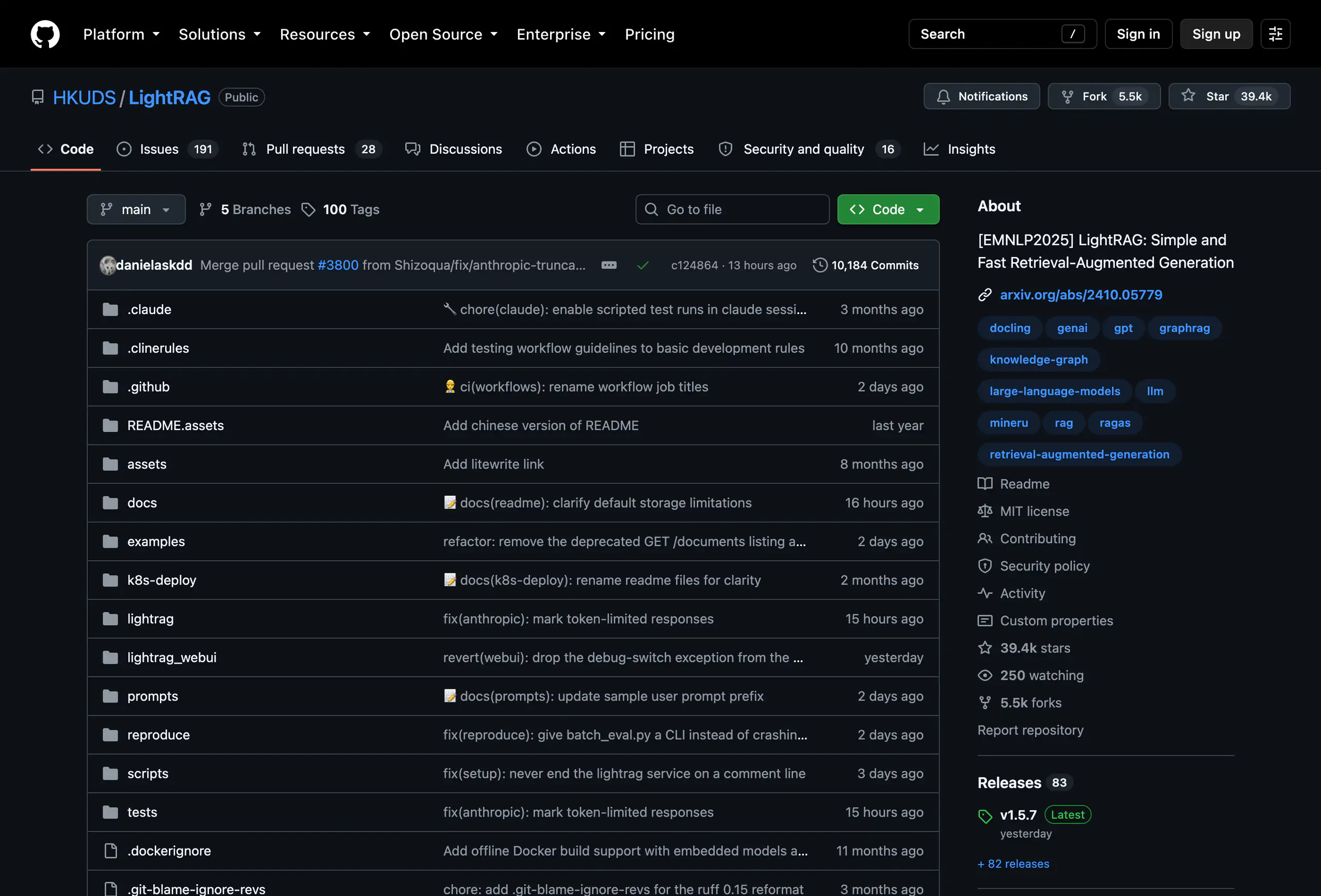 The GitHub repository page for HKUDS/LightRAG showing an MIT license, 39.4k stars and v1.5.7 as the latest release.