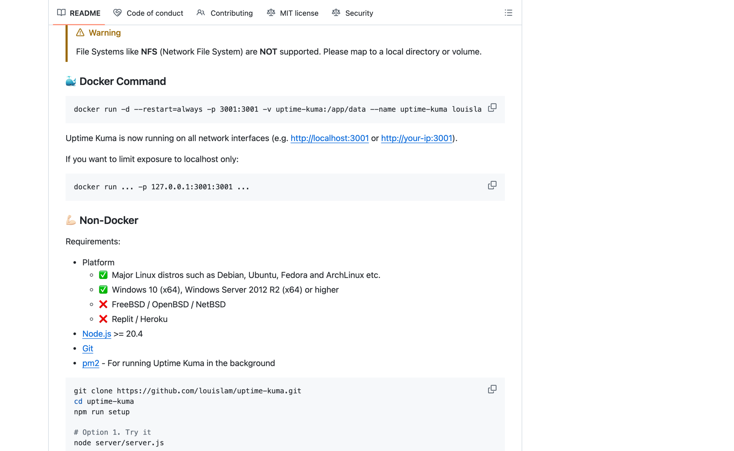The Uptime Kuma README showing the docker run command and the Node.js, Git and pm2 requirements of the non-Docker path