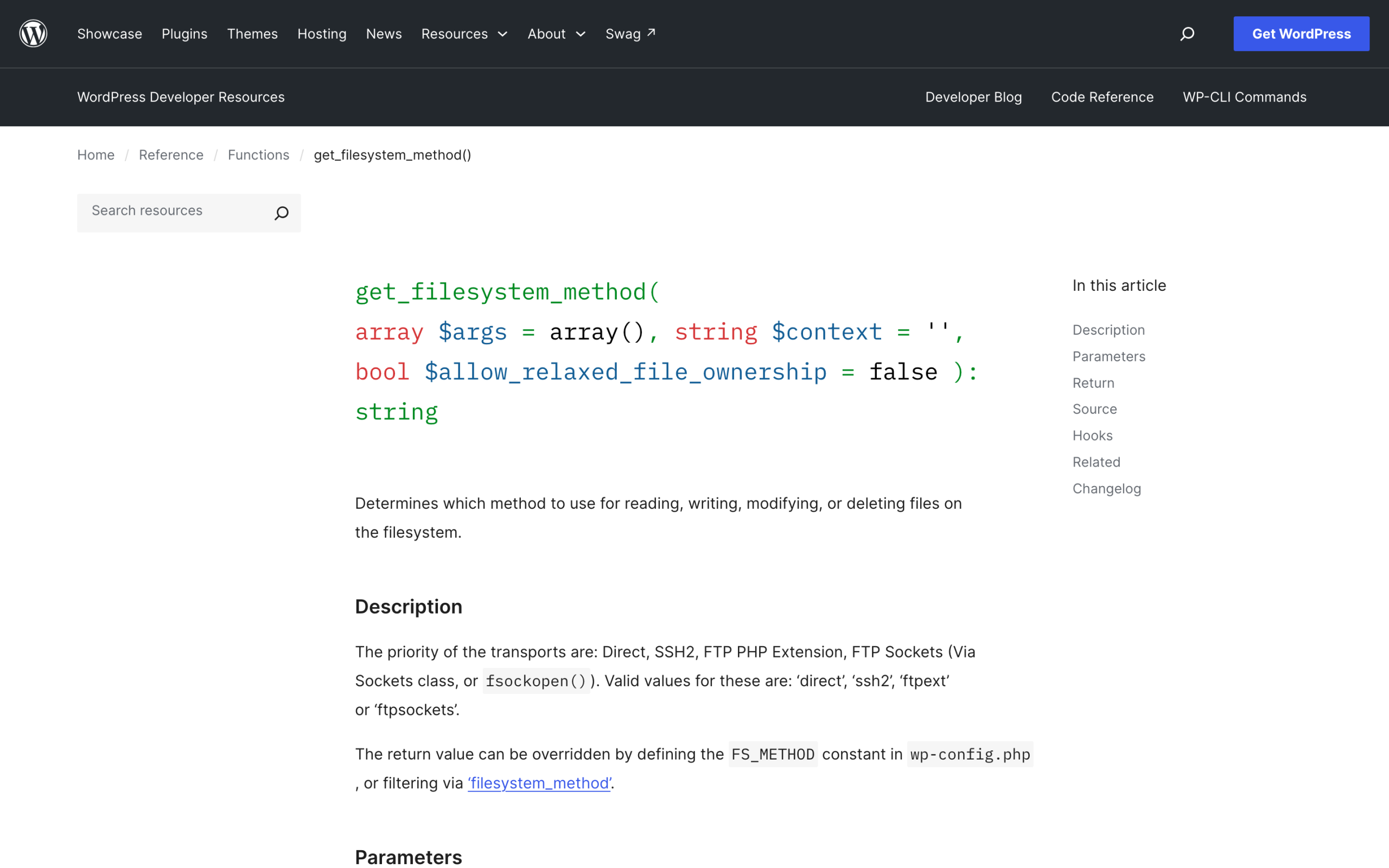 The get_filesystem_method function reference page on developer.wordpress.org.