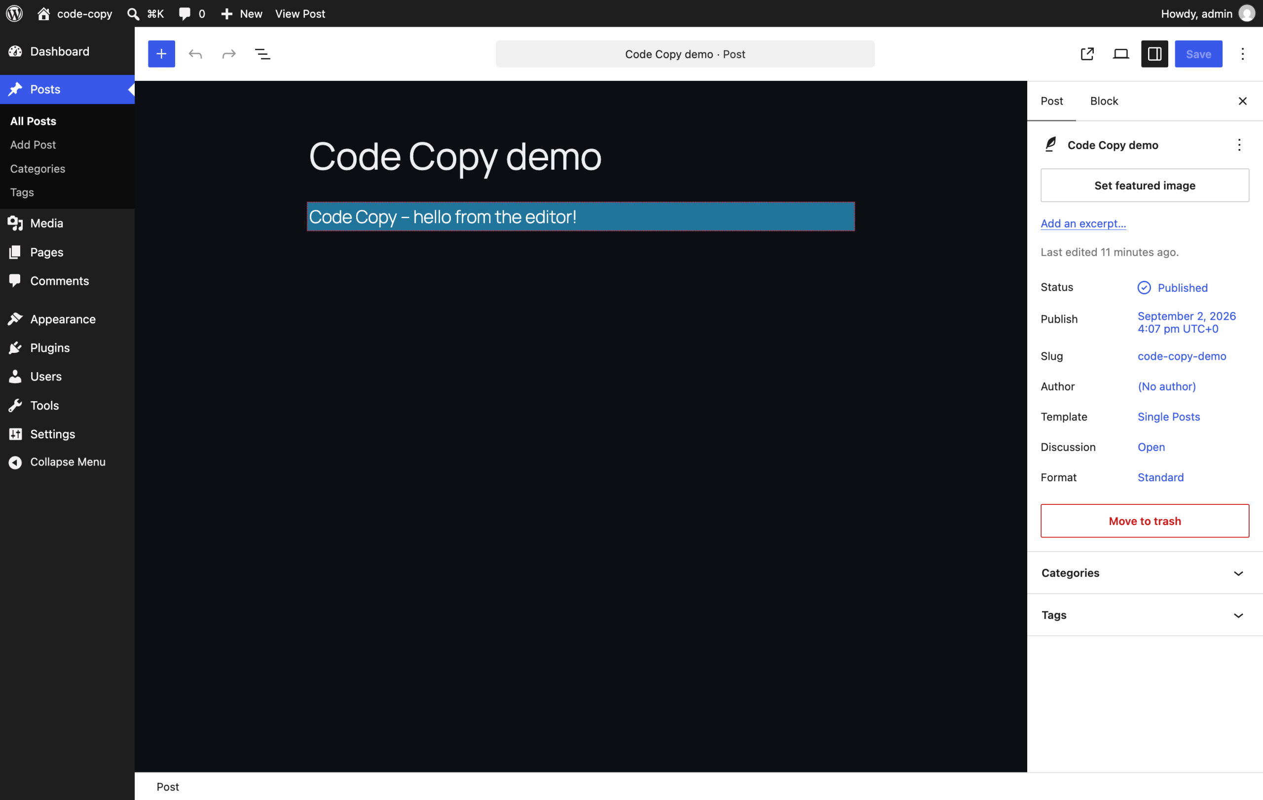 The WordPress block editor showing the scaffolded Code Copy block selected in a post, with its editor styles applied.