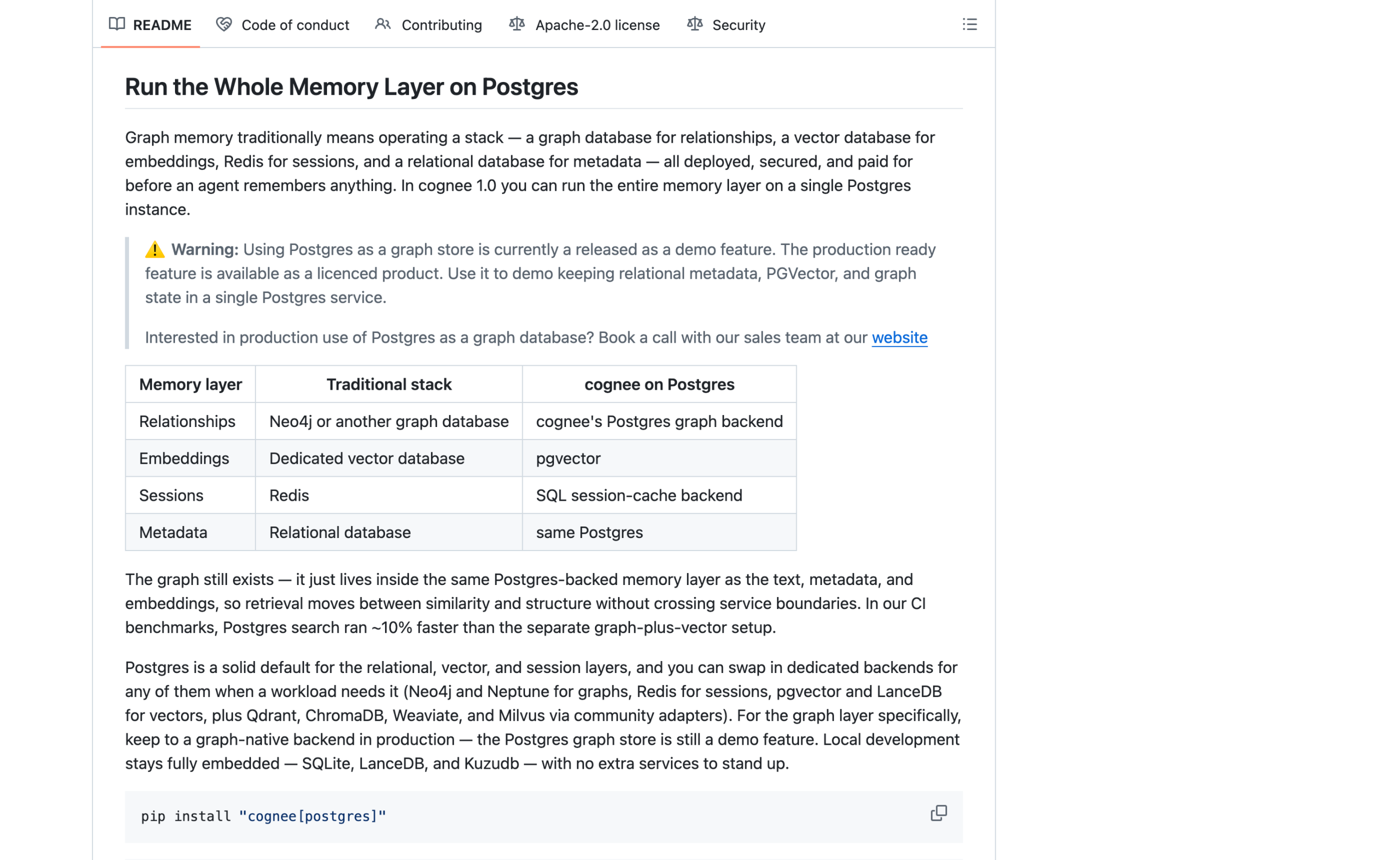 Cognee README warning that the Postgres graph store is a demo feature and the production ready feature is licenced