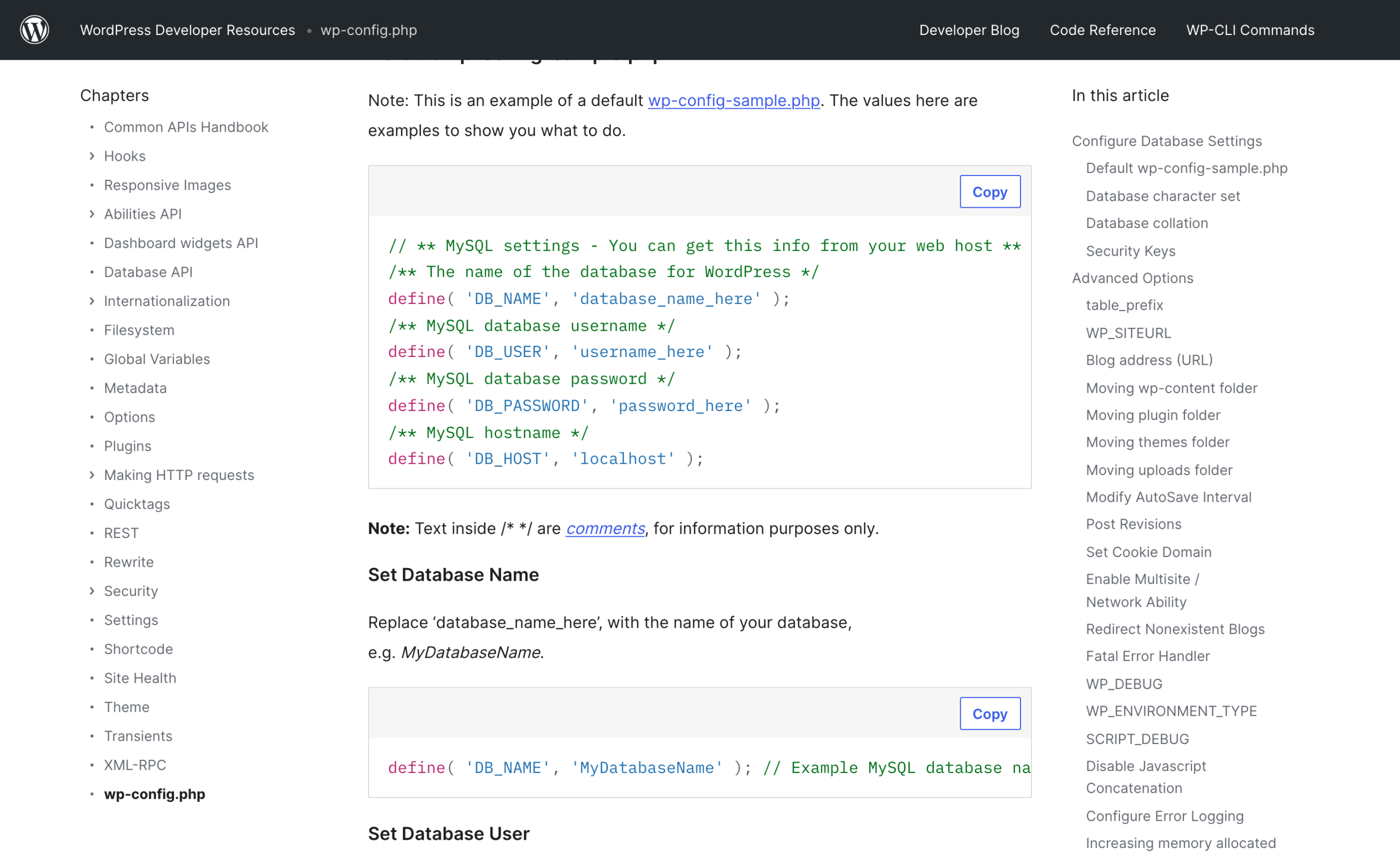 The wp-config.php page in the Common APIs Handbook, with the advanced options list running from table_prefix to WP_ENVIRONMENT_TYPE