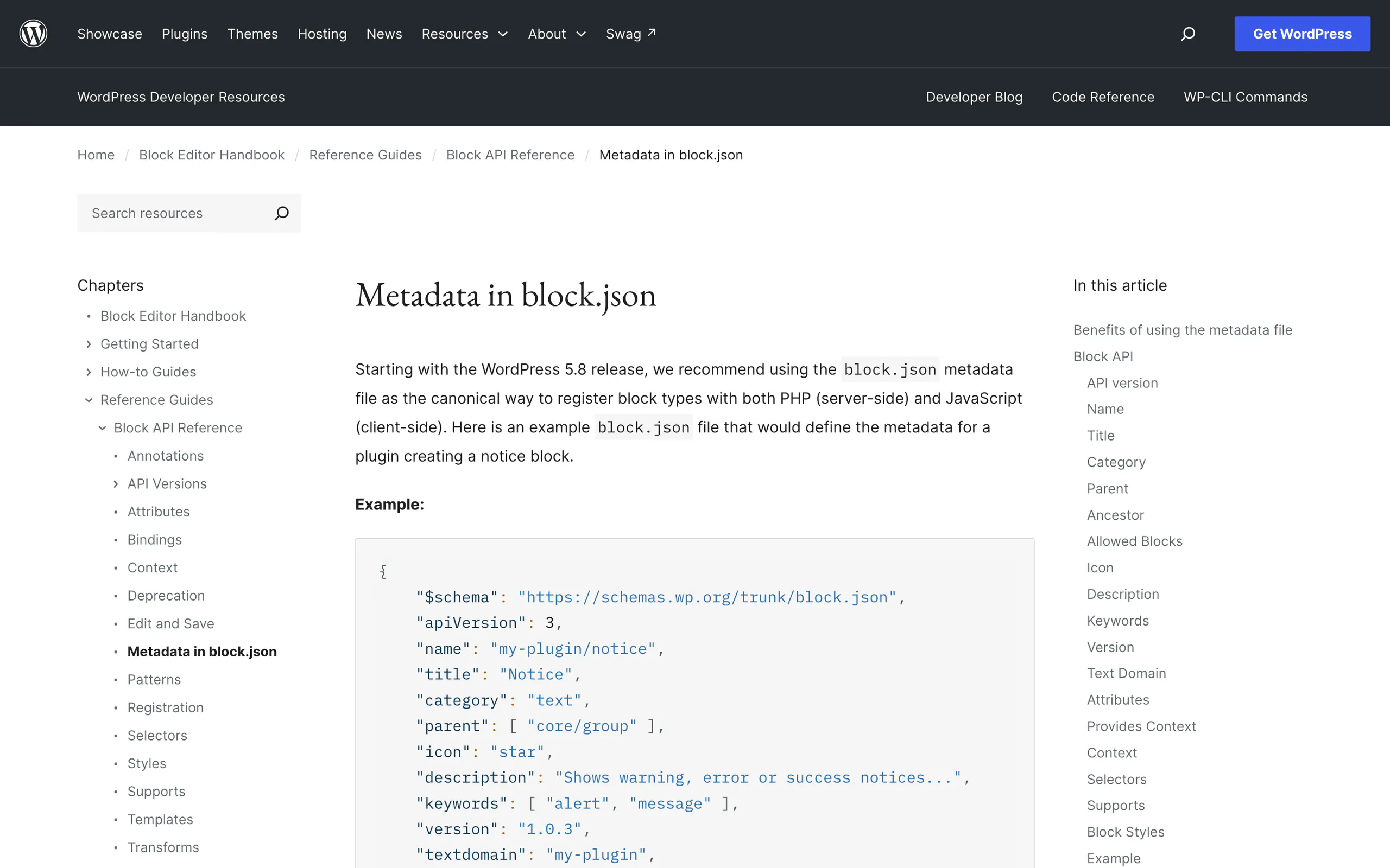 WordPress block editor handbook page for block.json metadata