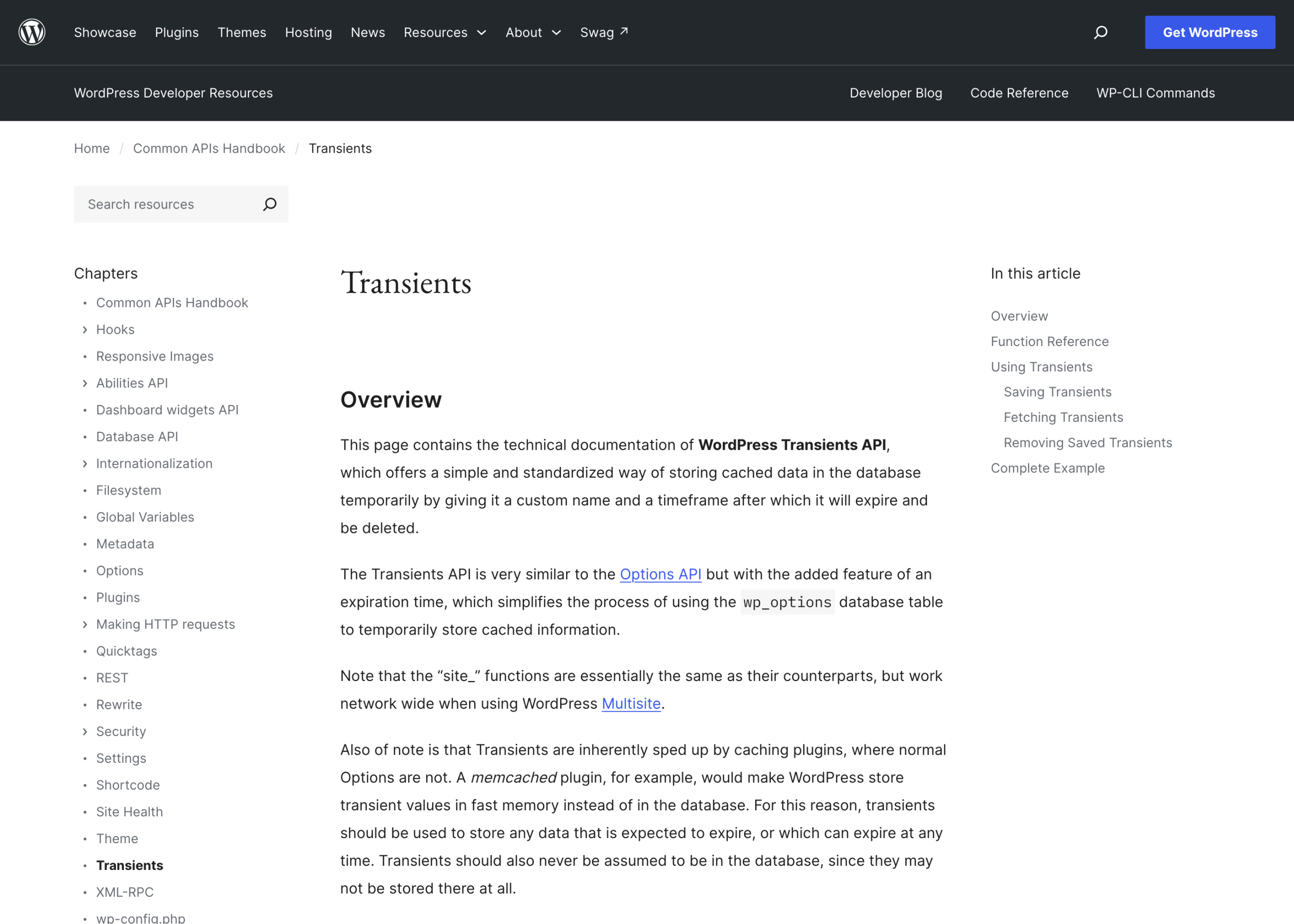 The Transients API page in the WordPress Common APIs handbook.