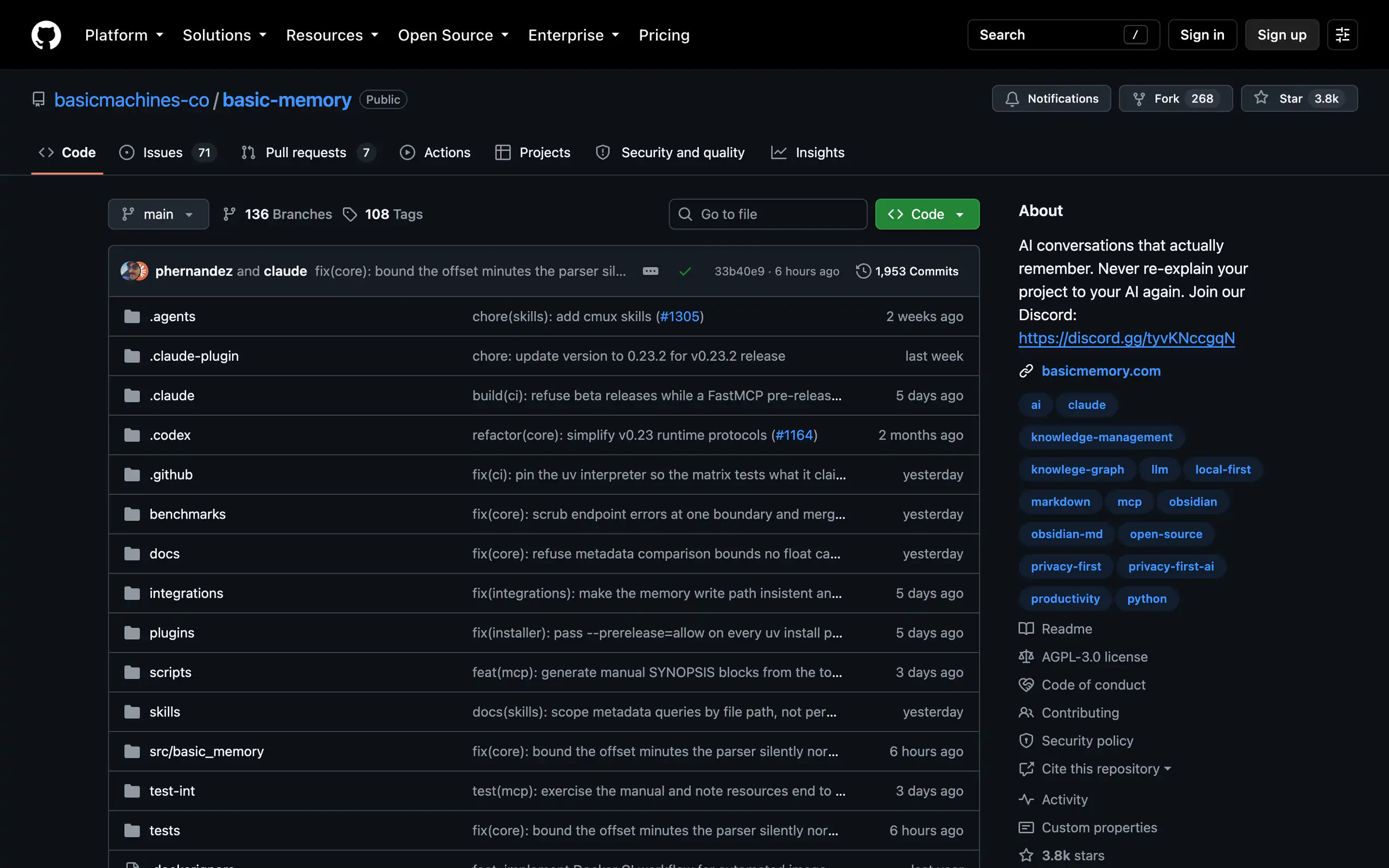 basicmachines-co/basic-memory repository page on GitHub