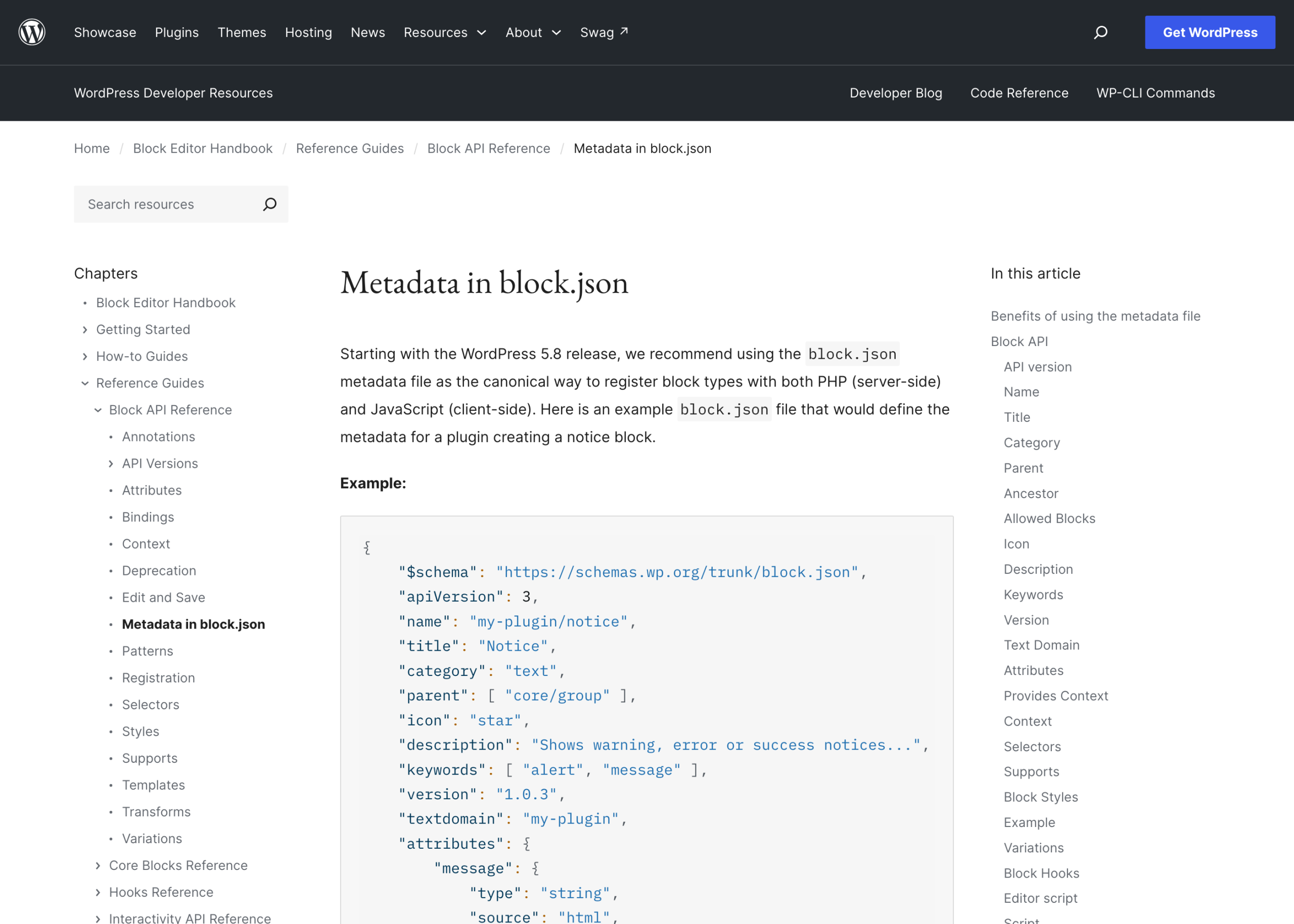 The WordPress block editor handbook page for metadata in block.json, showing the schema and field list.