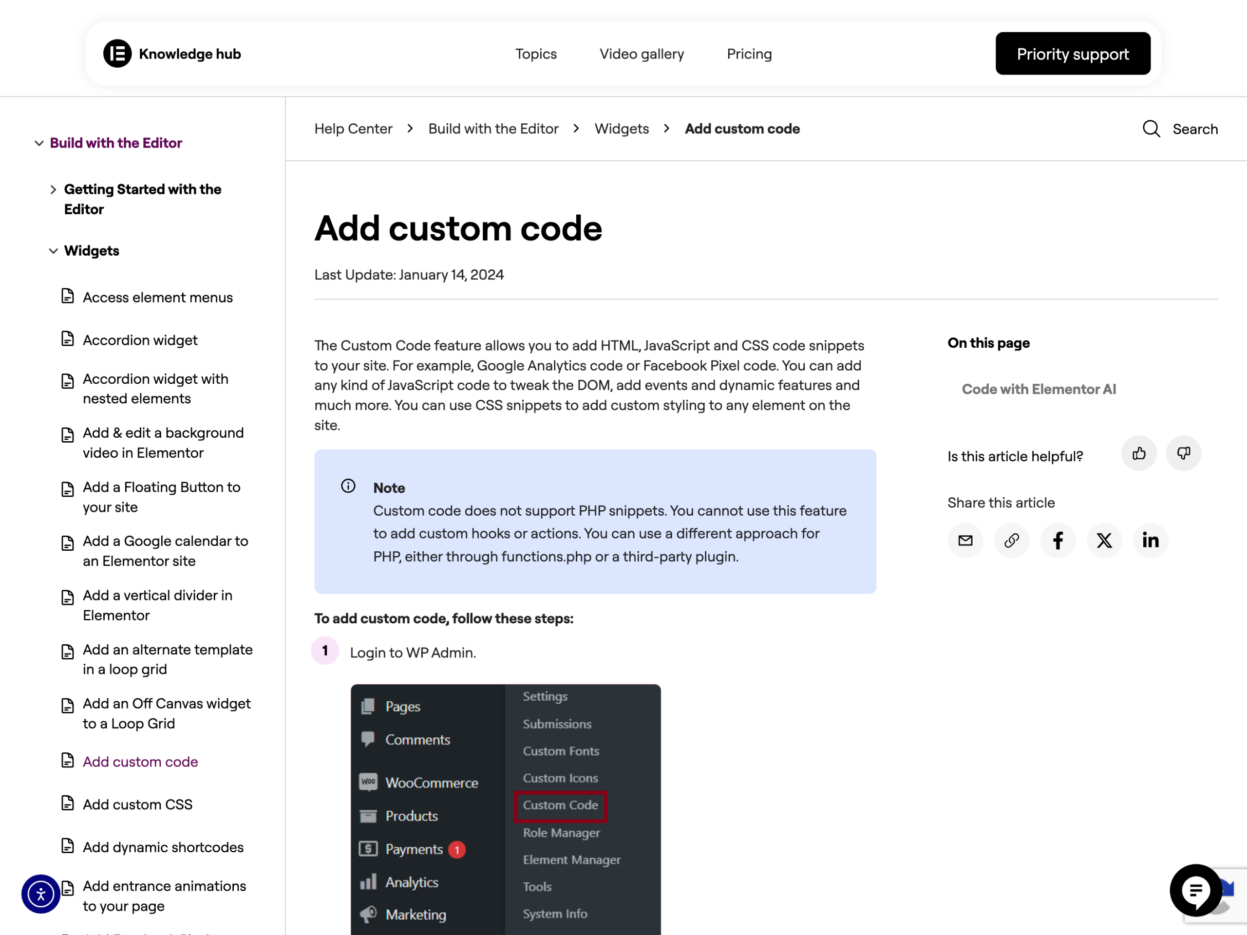 Elementor documentation page for the Custom Code feature, which states that custom code does not support PHP snippets.