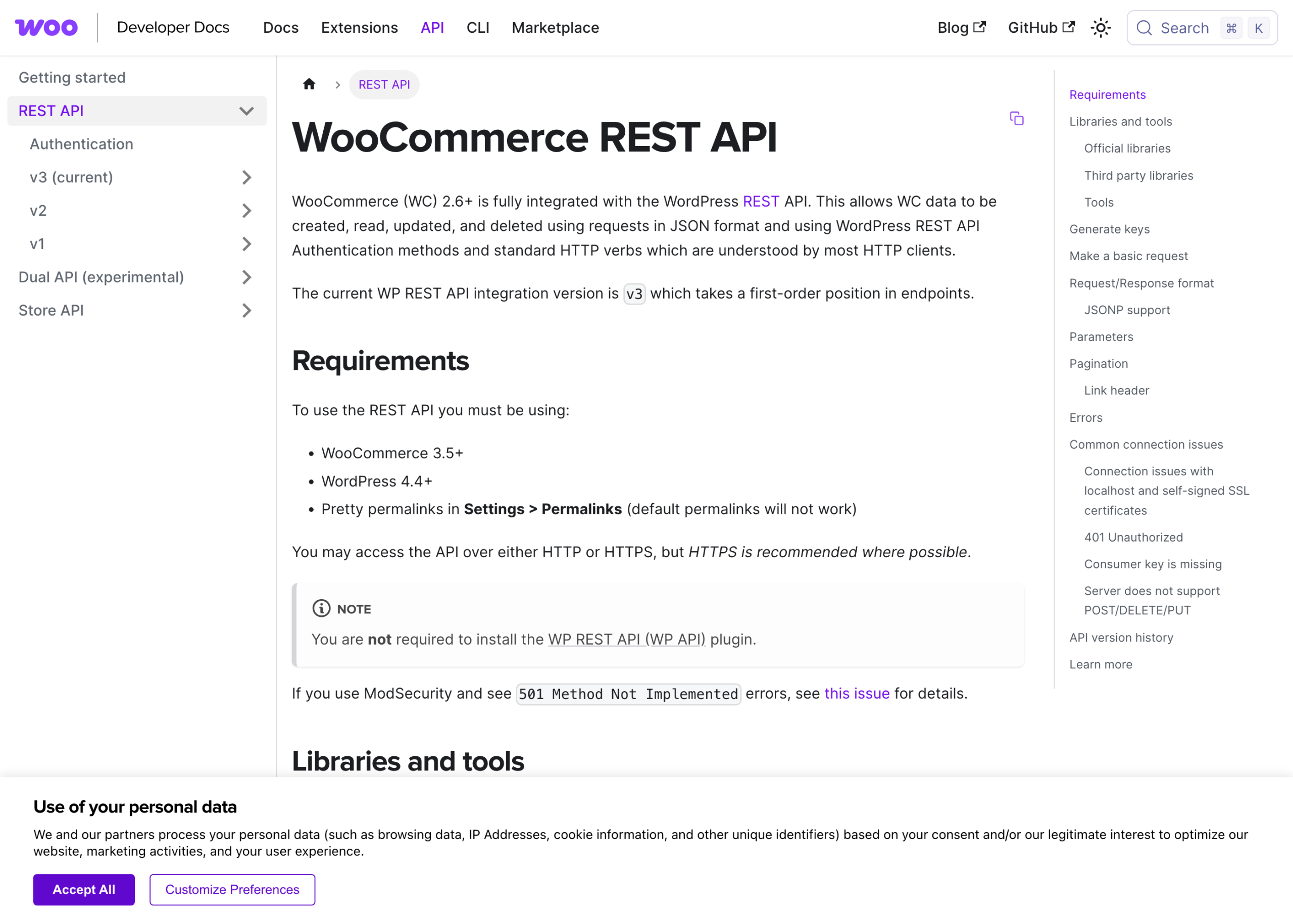 The WooCommerce REST API v3 reference on woocommerce.github.io.