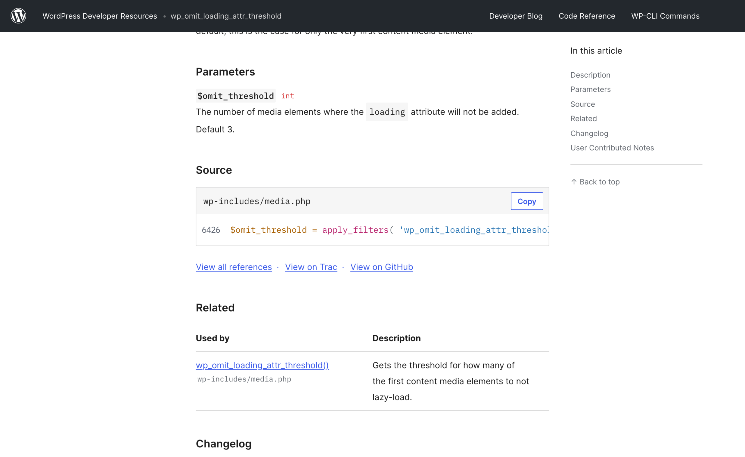WordPress reference page for the wp_omit_loading_attr_threshold filter showing Default 3