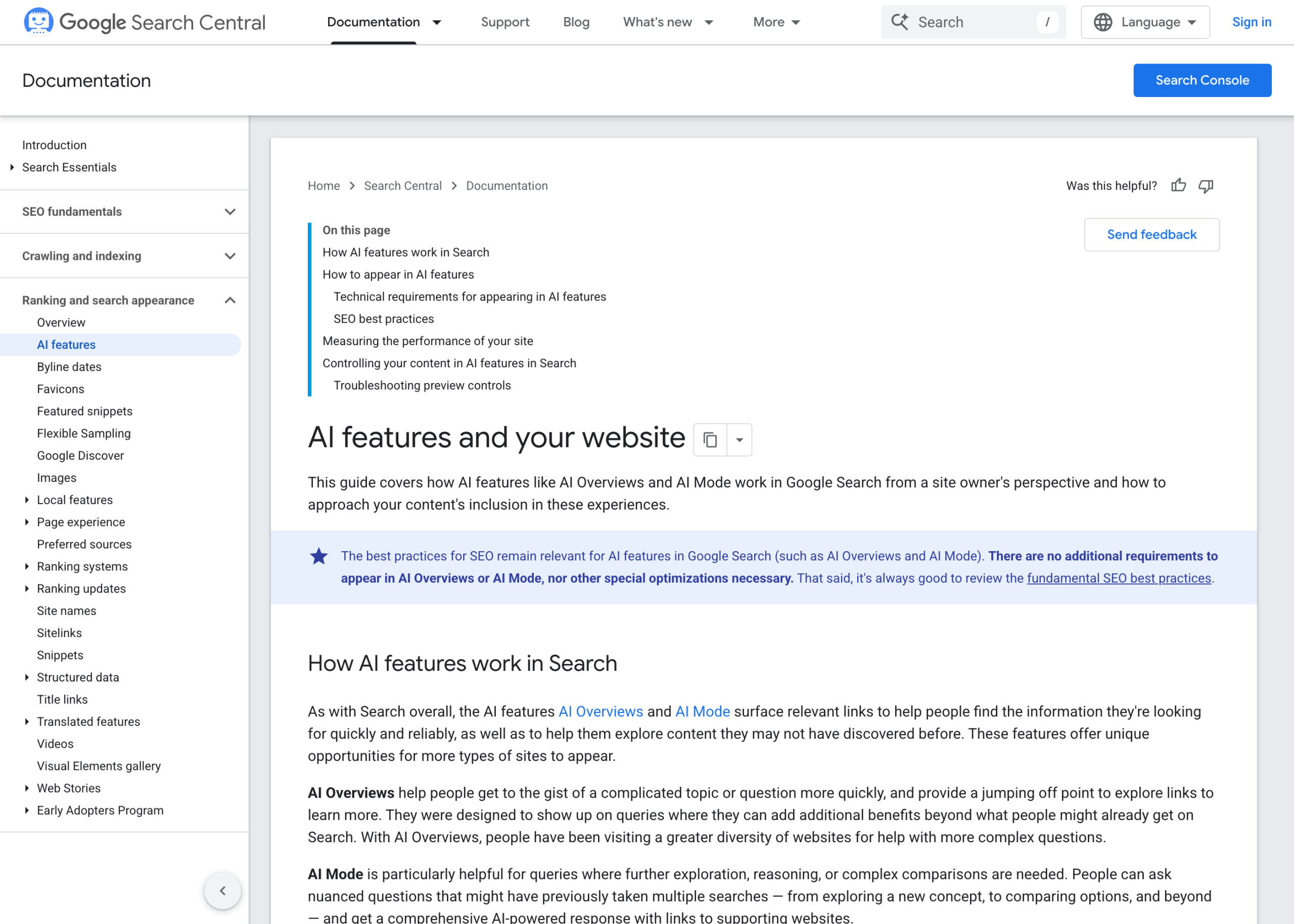 Google Search Central documentation, AI features and your website, showing the AI Overviews and AI Mode sections.