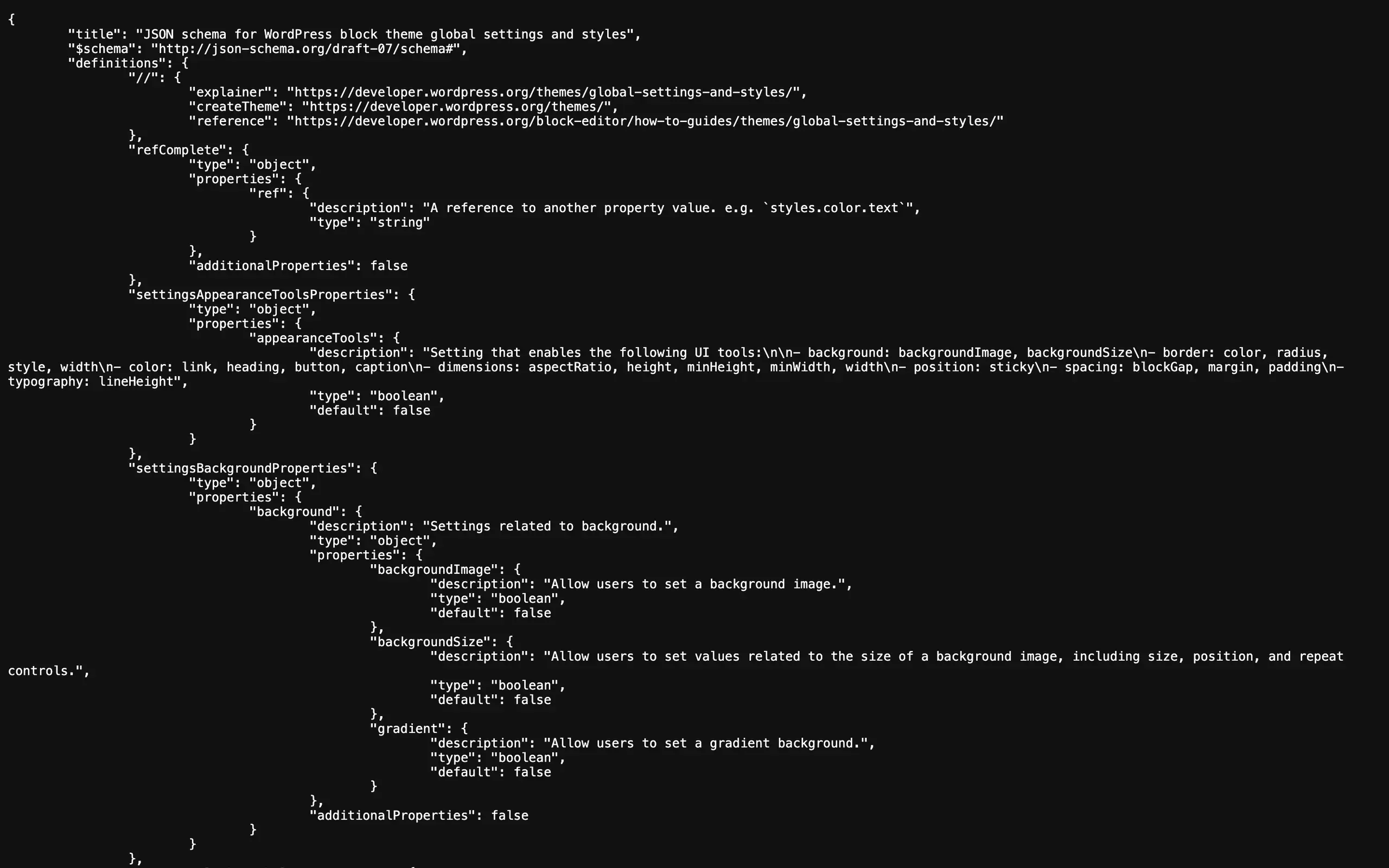 The JSON schema for WordPress block theme global settings and styles at schemas.wp.org