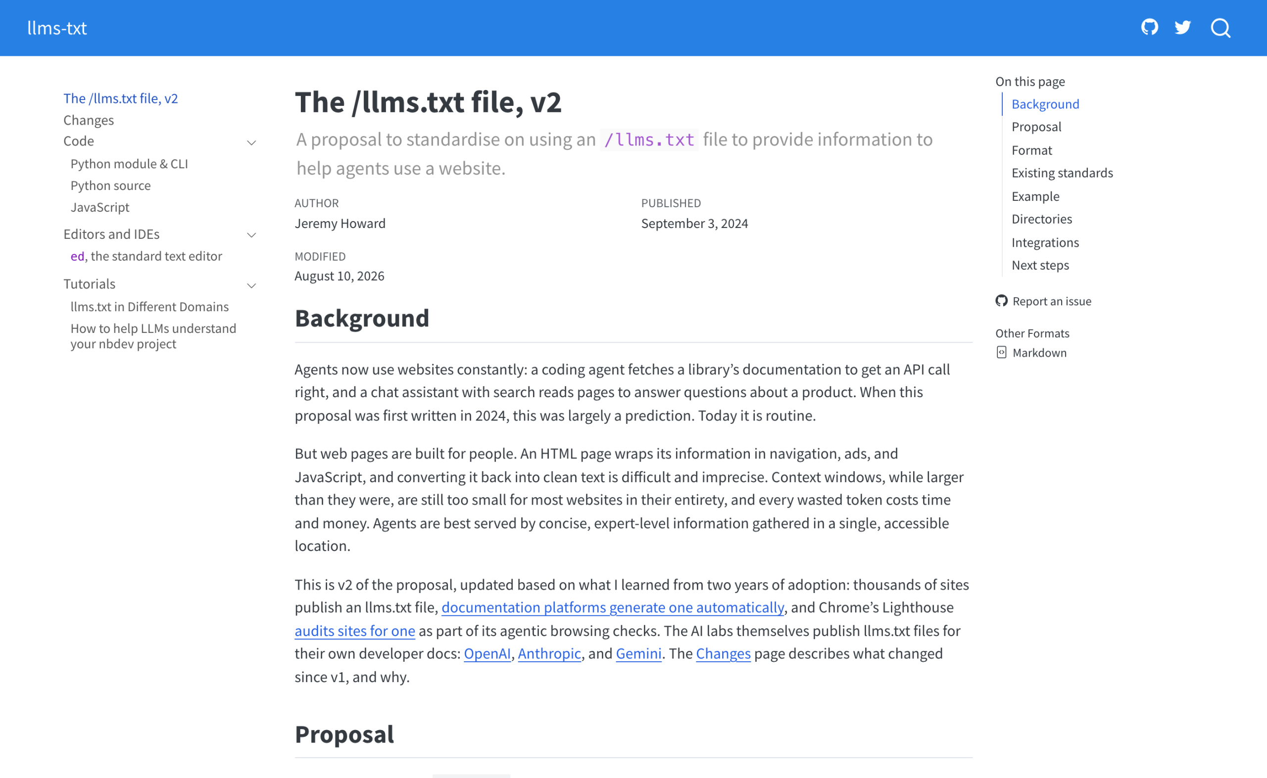 The llms.txt proposal site showing version 2 of the specification, authored by Jeremy Howard